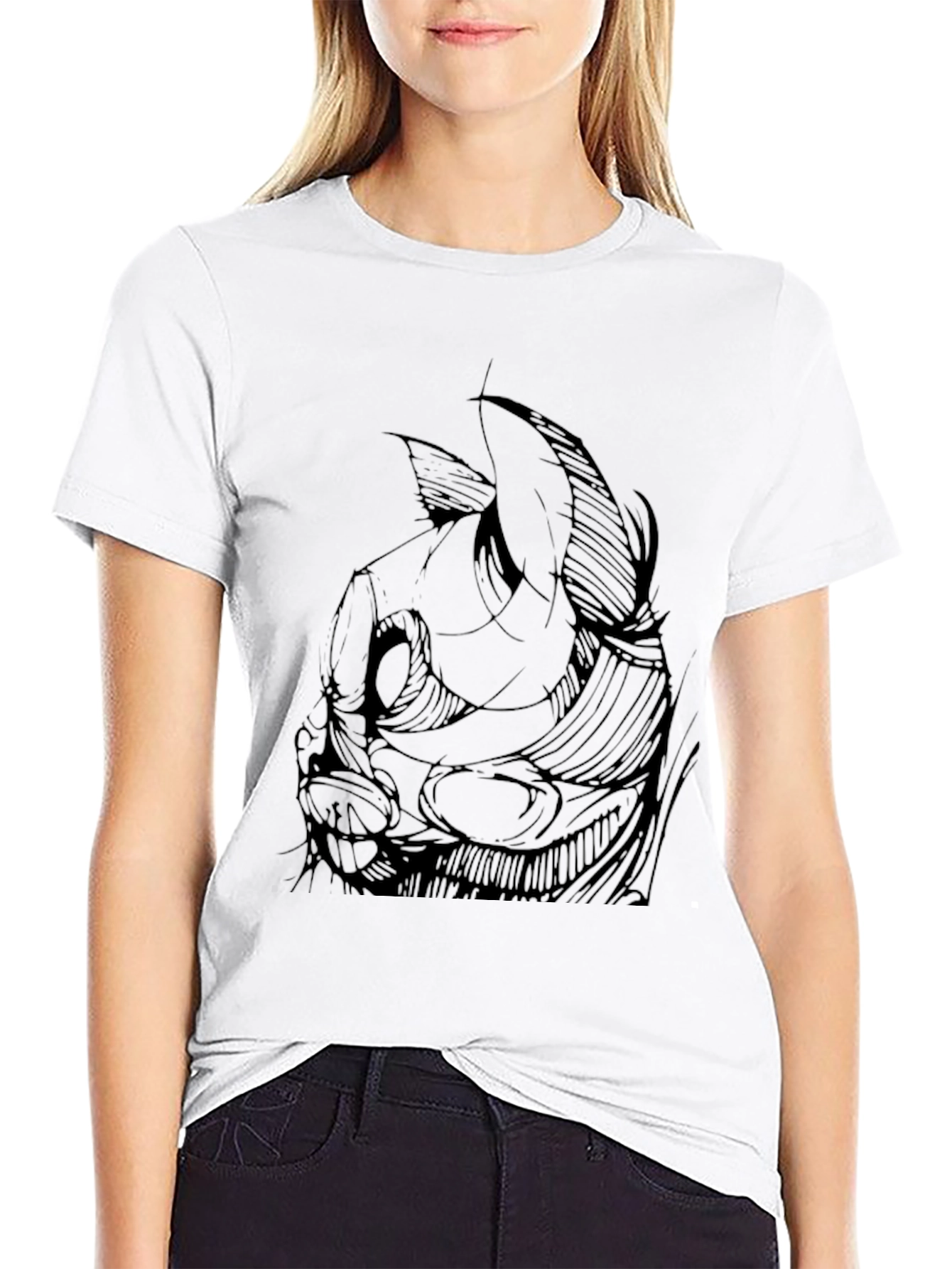 Mens Black Graphic Tee - Abstract Cat Design