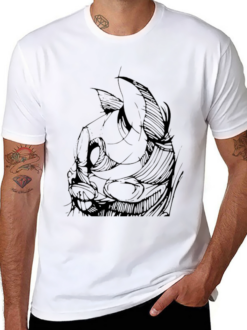 Mens Black Graphic Tee - Abstract Cat Design