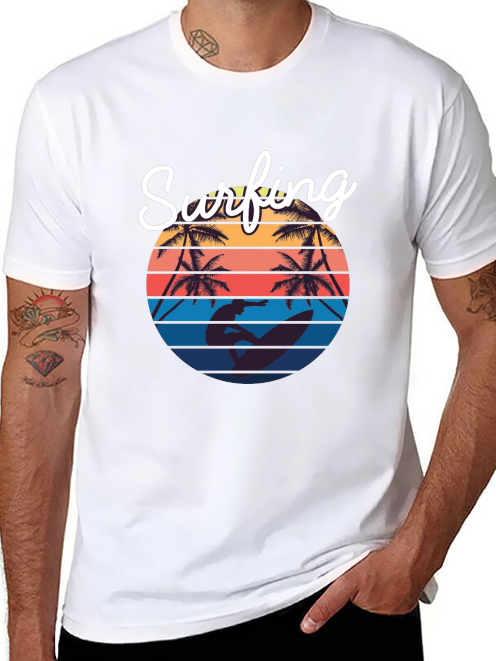 Retro Surfing T-Shirt: Sunset Palm Tree Design