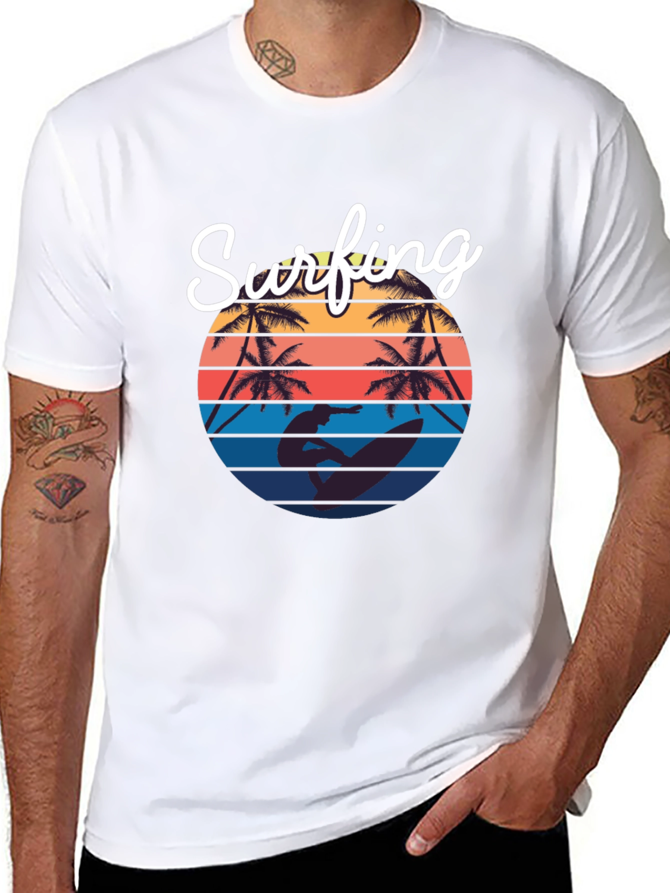 Retro Surfing T-Shirt: Sunset Palm Tree Design