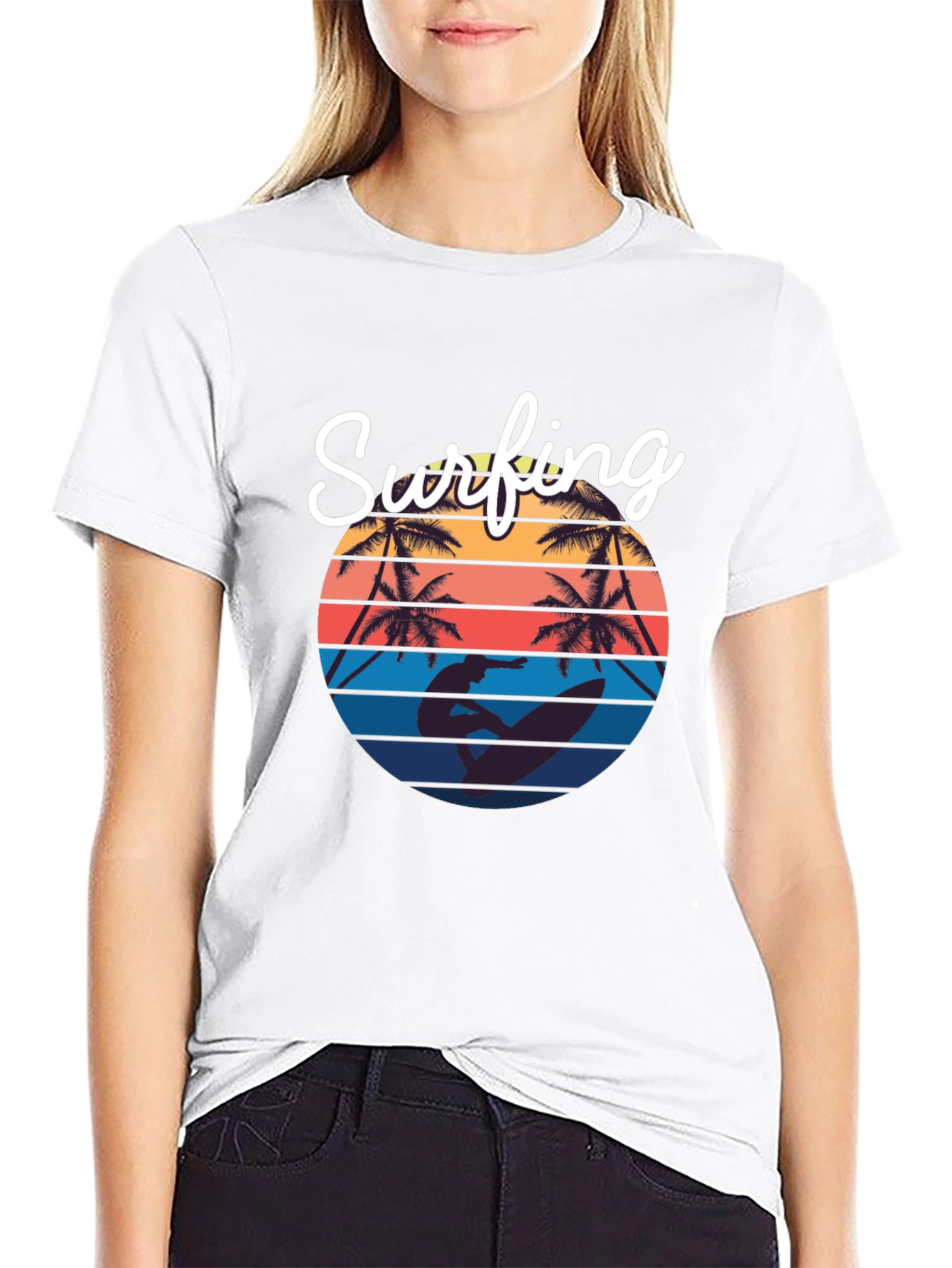 Retro Surfing T-Shirt: Sunset Palm Tree Design