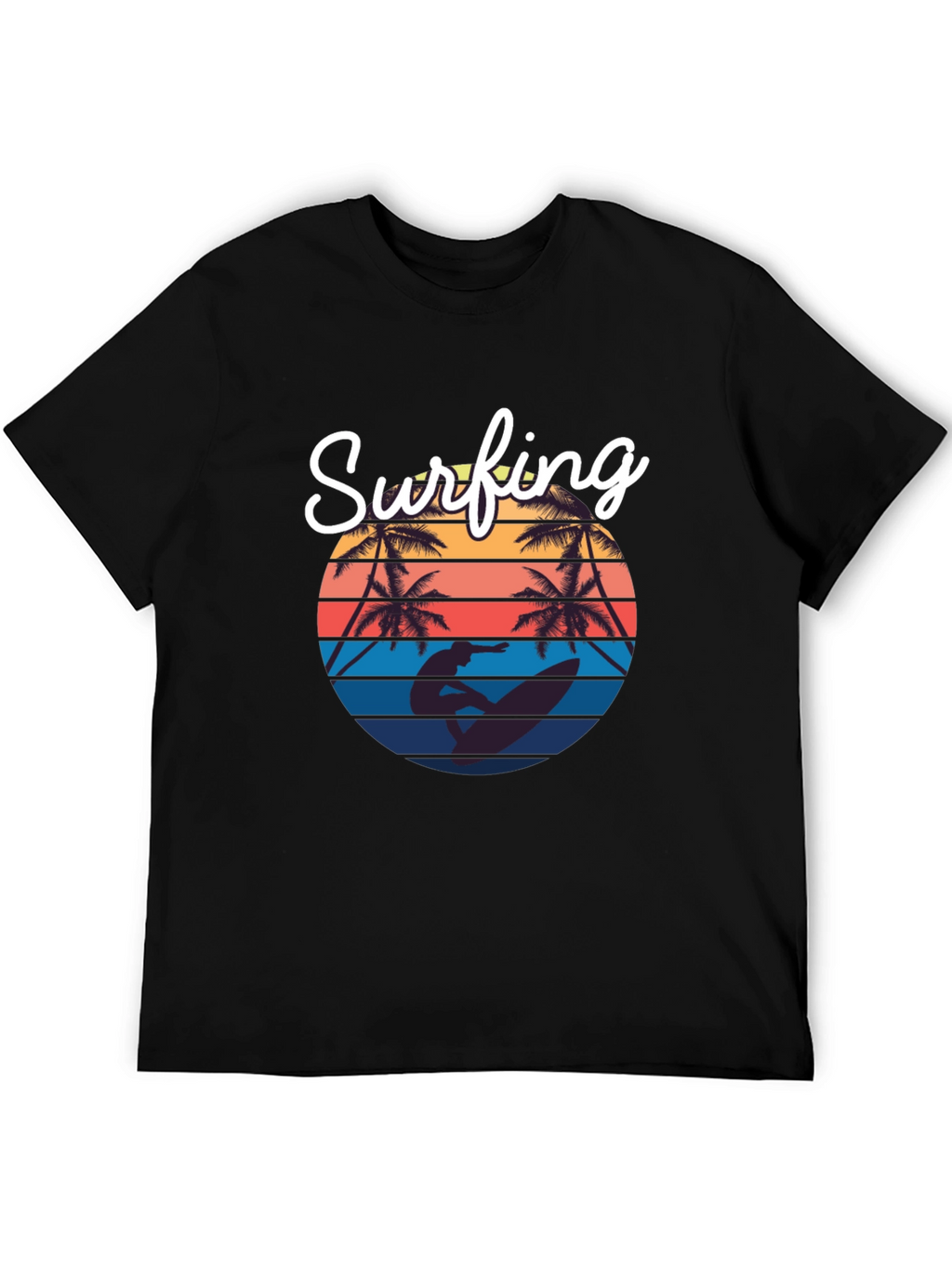 Retro Surfing T-Shirt: Sunset Palm Tree Design