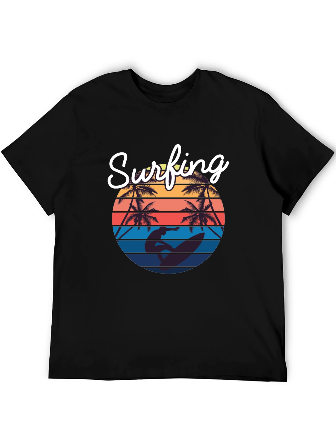 Retro Surfing T-Shirt: Sunset Palm Tree Design