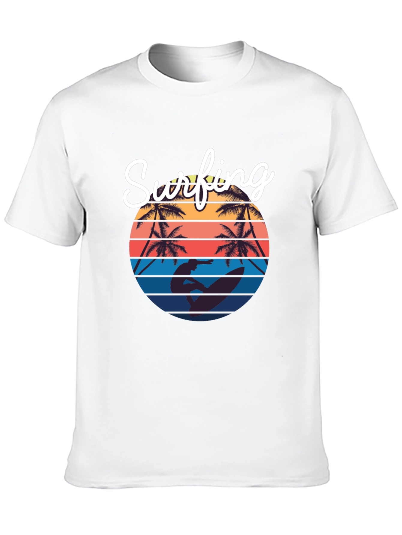 Retro Surfing T-Shirt: Sunset Palm Tree Design