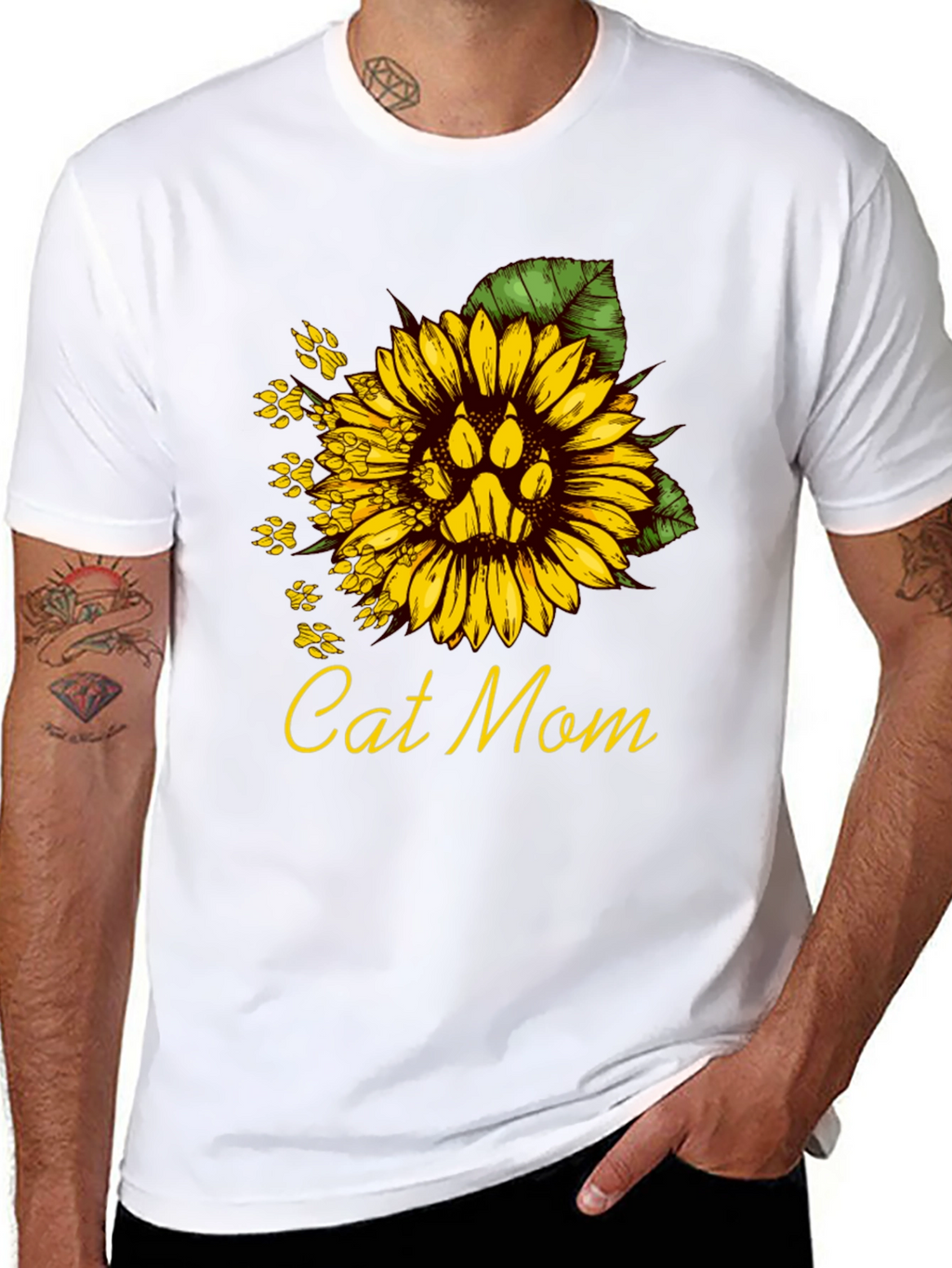 Cat Mom Sunflower Paw Print T-Shirt