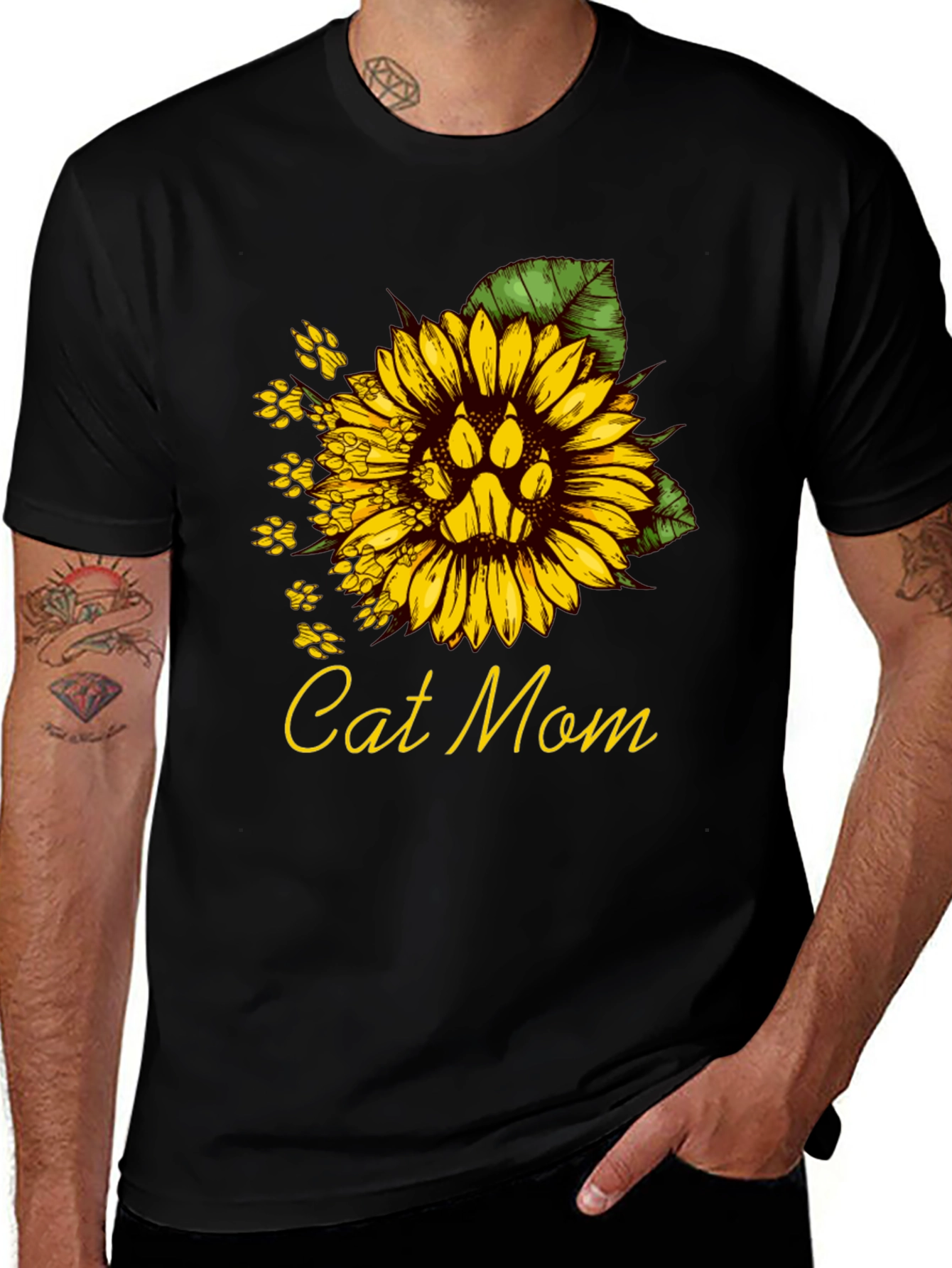 Cat Mom Sunflower Paw Print T-Shirt