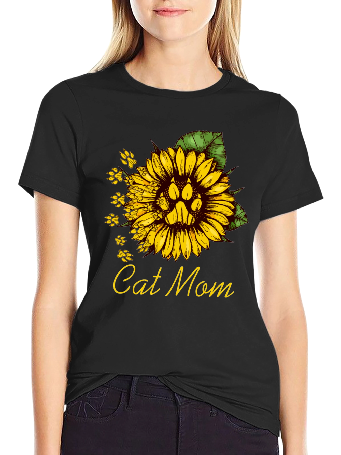 Cat Mom Sunflower Paw Print T-Shirt