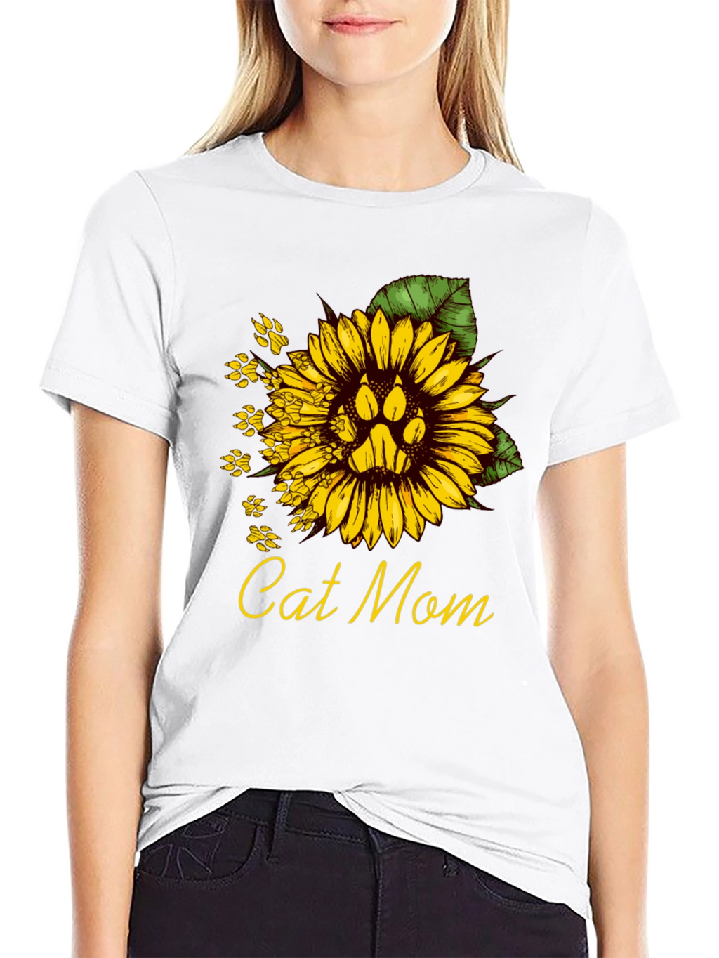 Cat Mom Sunflower Paw Print T-Shirt