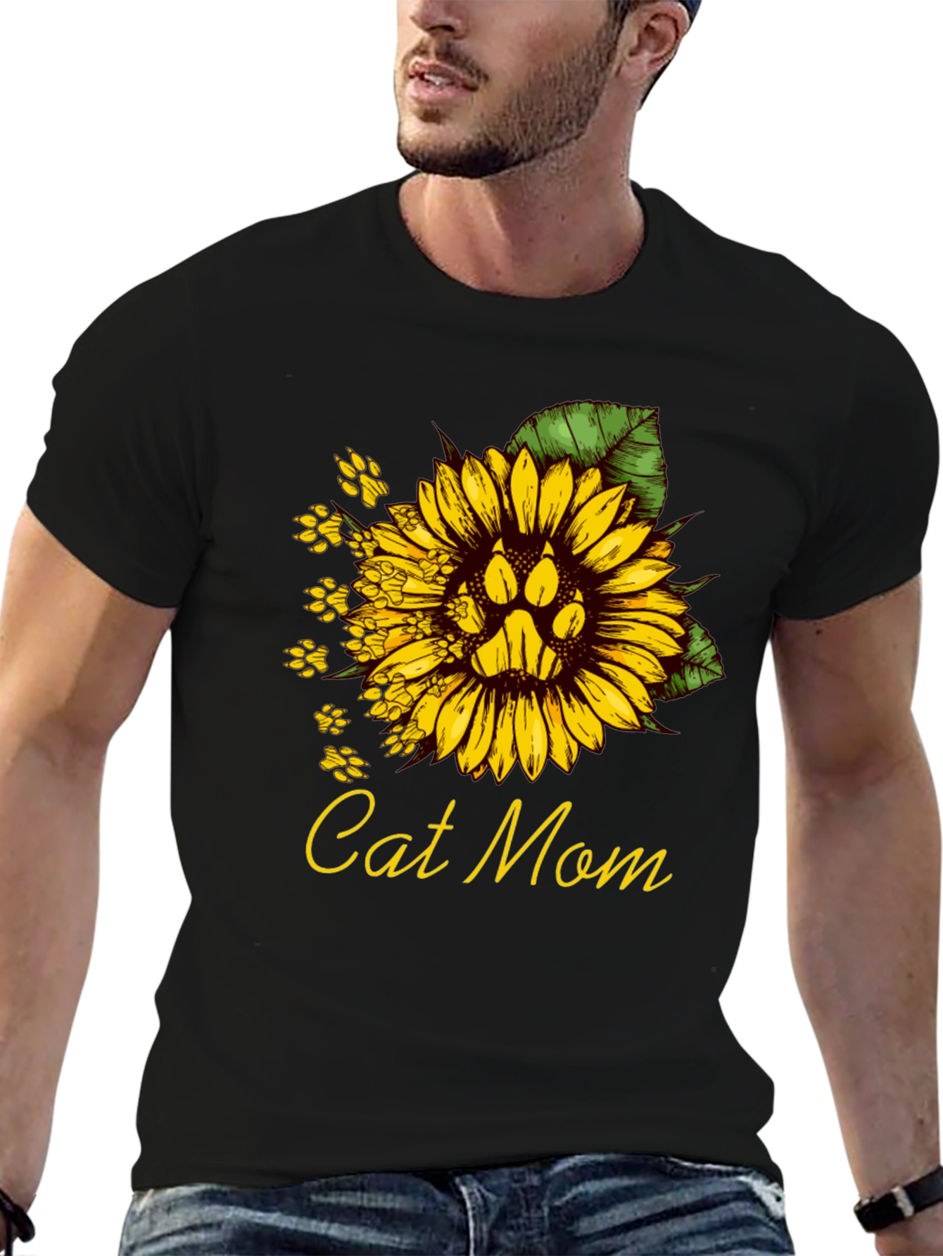 Cat Mom Sunflower Paw Print T-Shirt