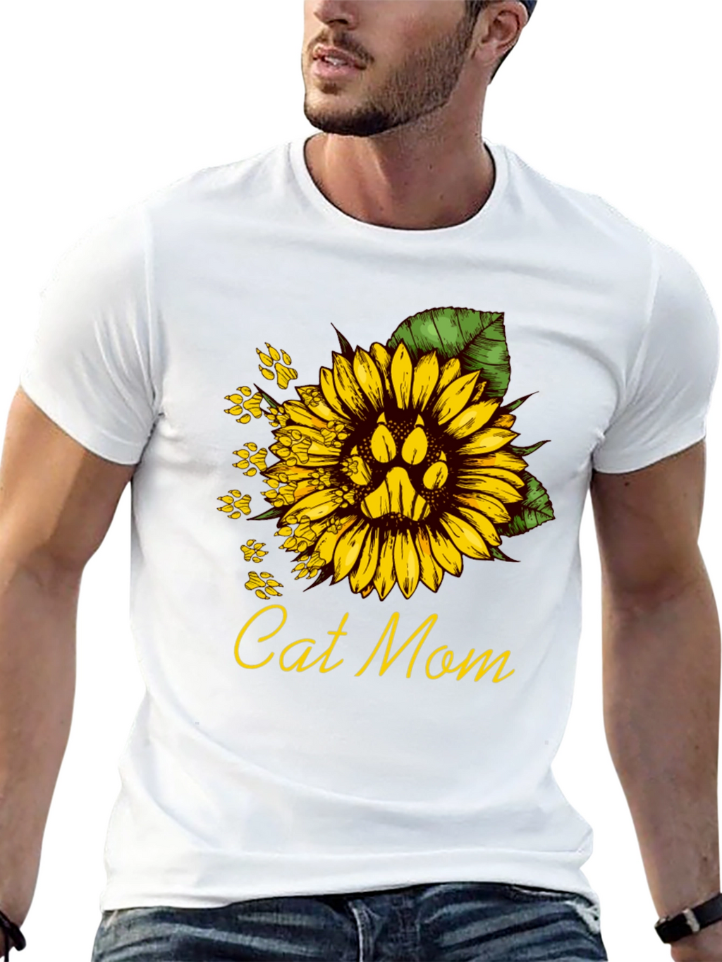 Cat Mom Sunflower Paw Print T-Shirt
