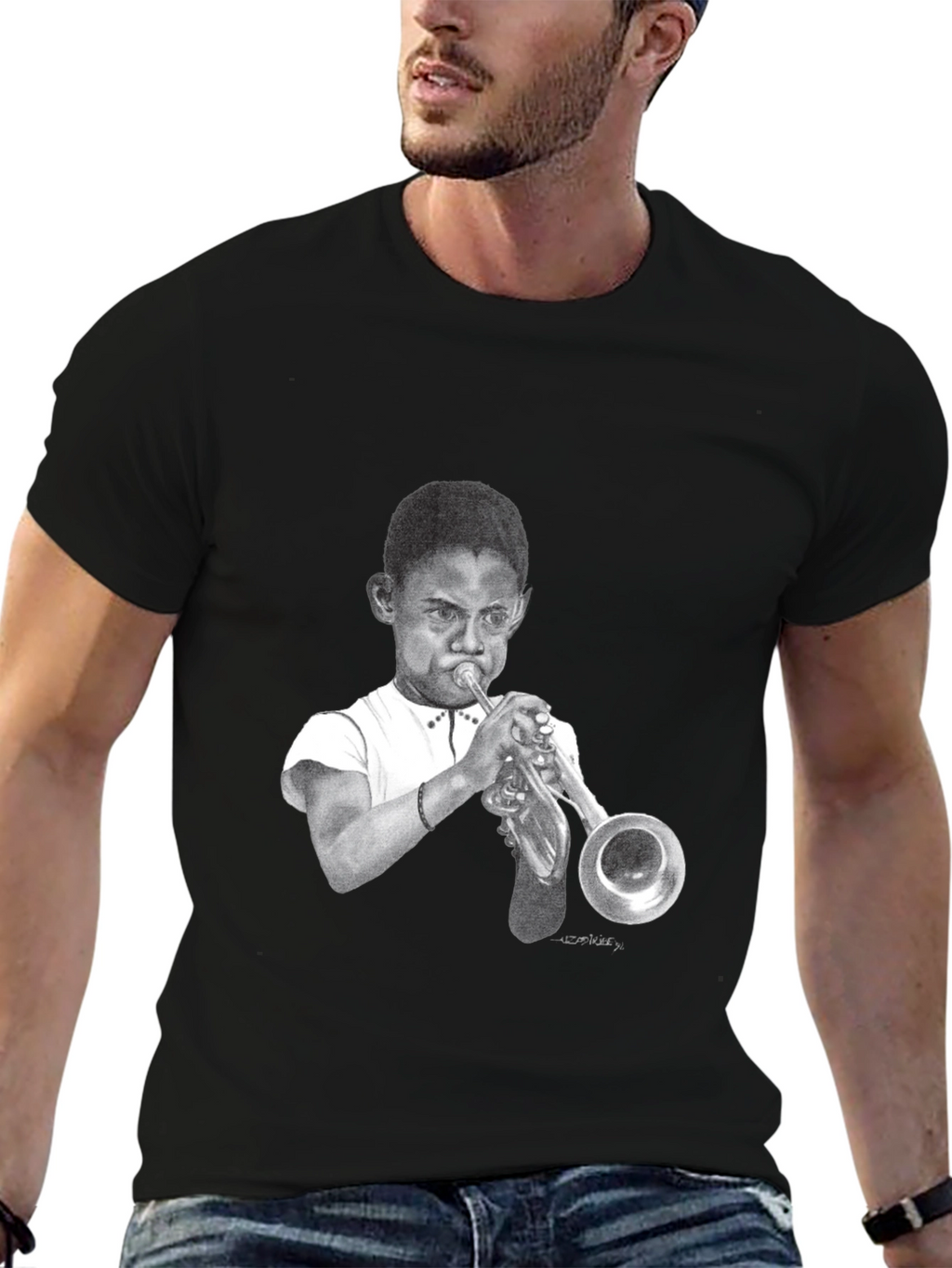Boy Trumpet Player Graphic Black Tee
