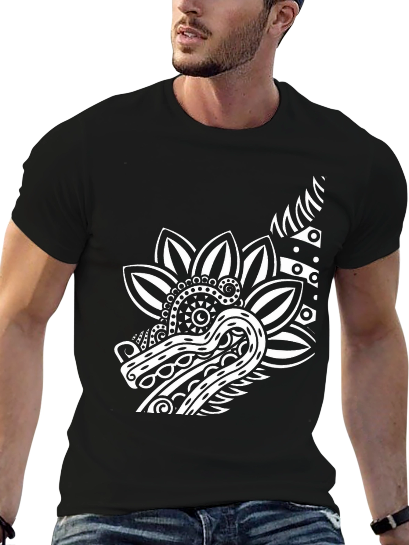 Black T-Shirt with Dragon Floral Graphic