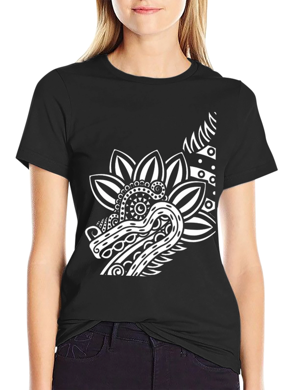 Black T-Shirt with Dragon Floral Graphic