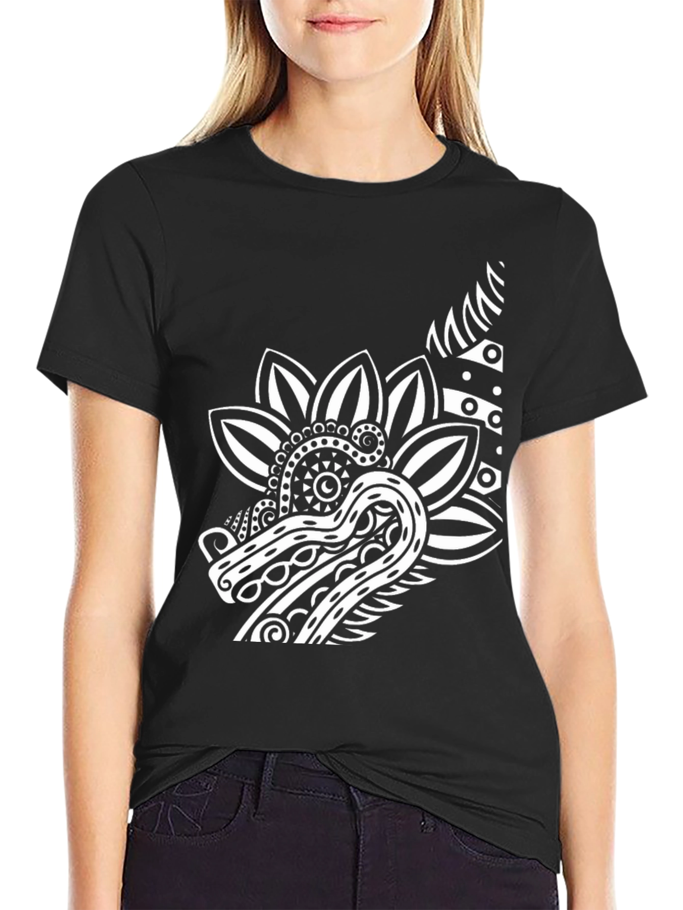 Black T-Shirt with Dragon Floral Graphic