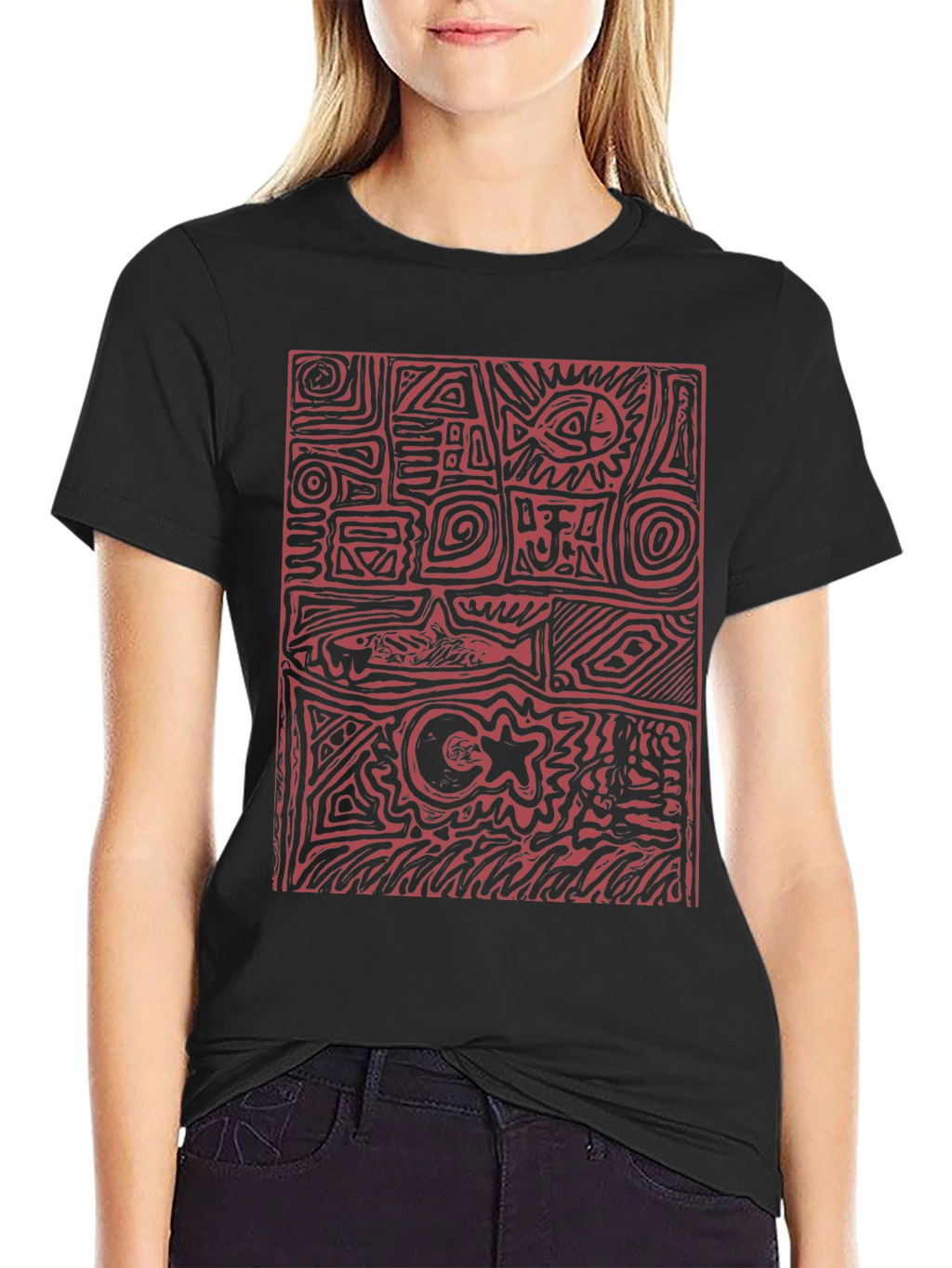 Abstract Red Print Black T-Shirt