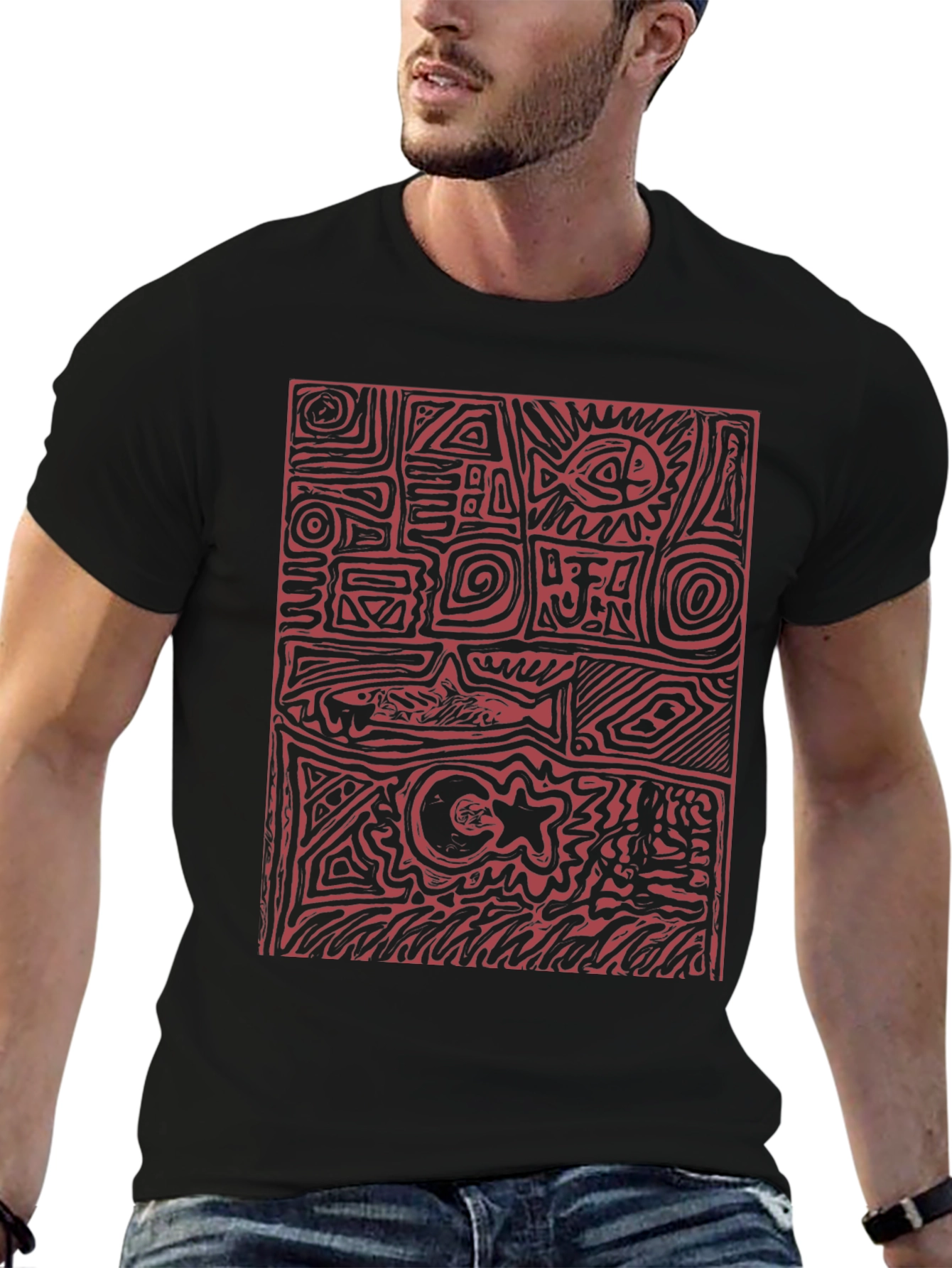 Abstract Red Print Black T-Shirt