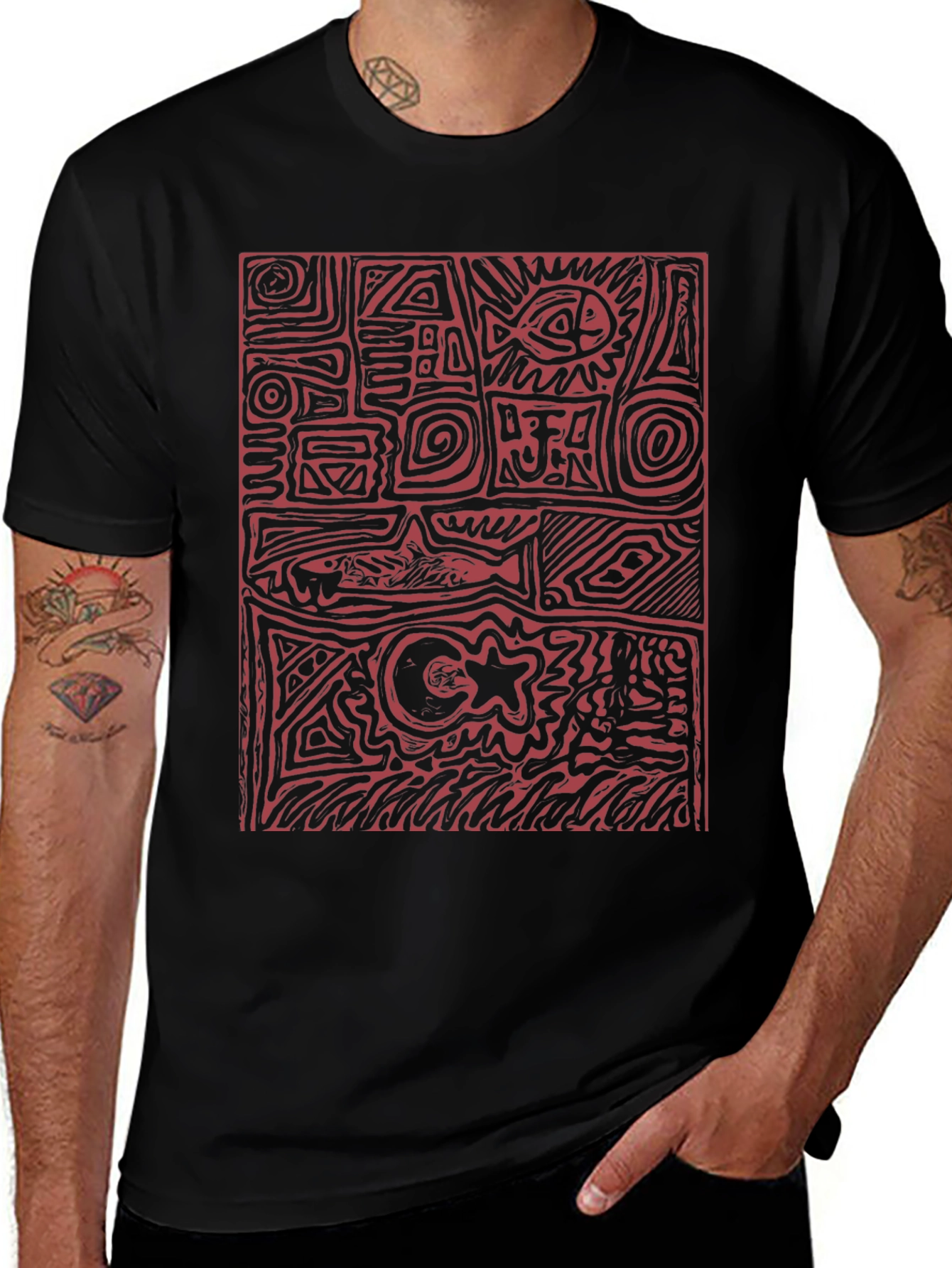 Abstract Red Print Black T-Shirt