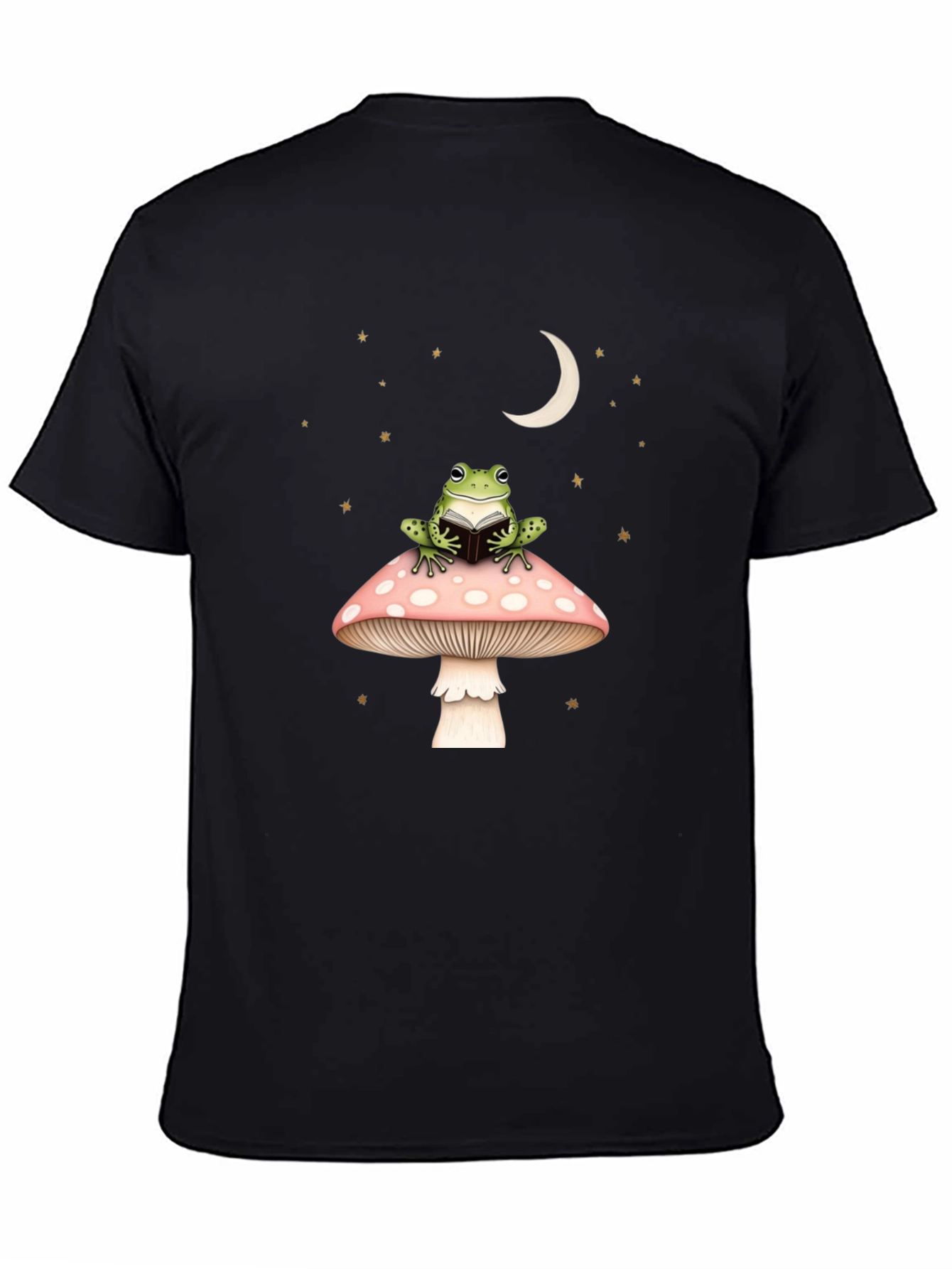 Frog Reading on Mushroom Black Tee