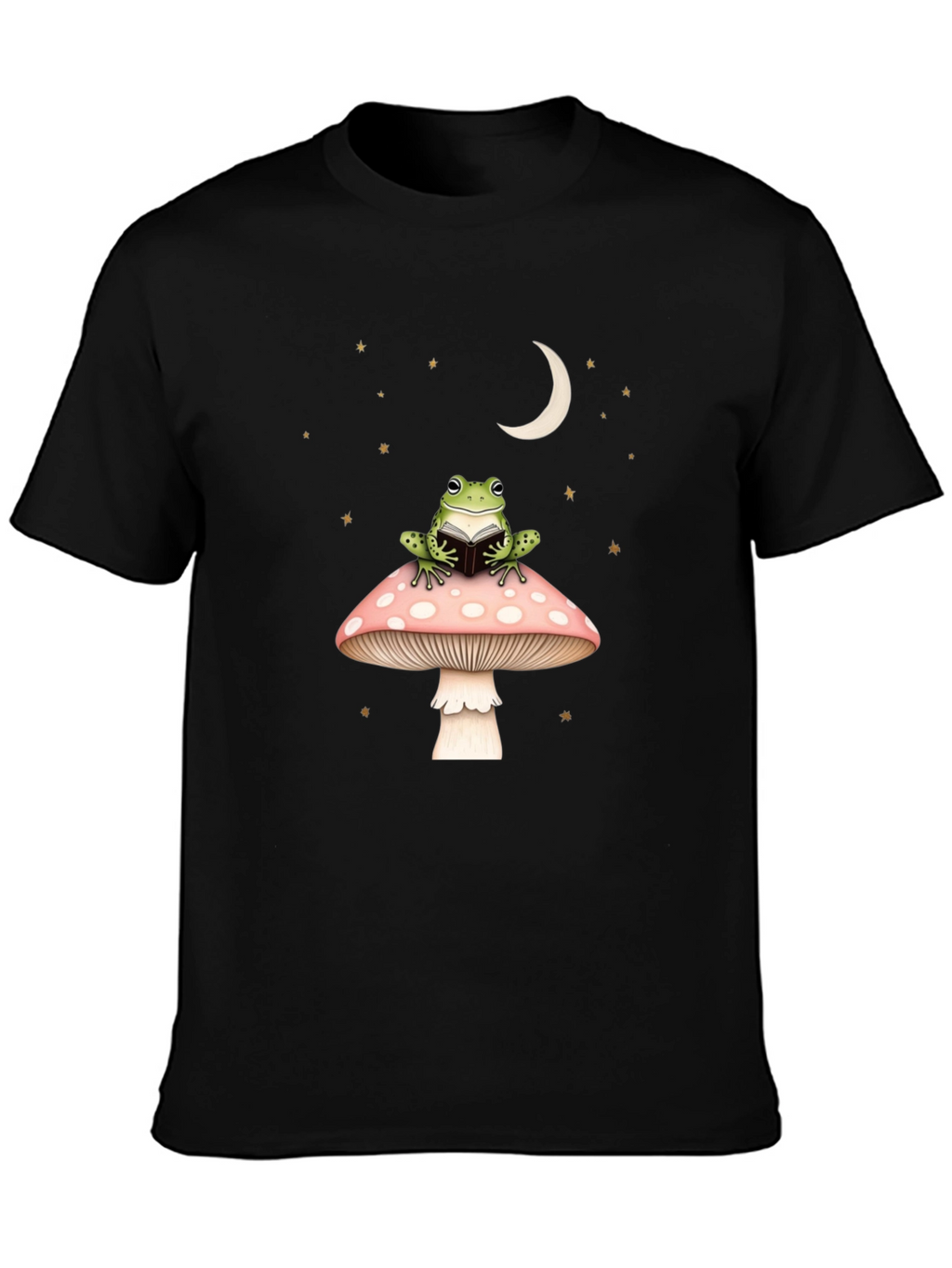 Frog Reading on Mushroom Black Tee