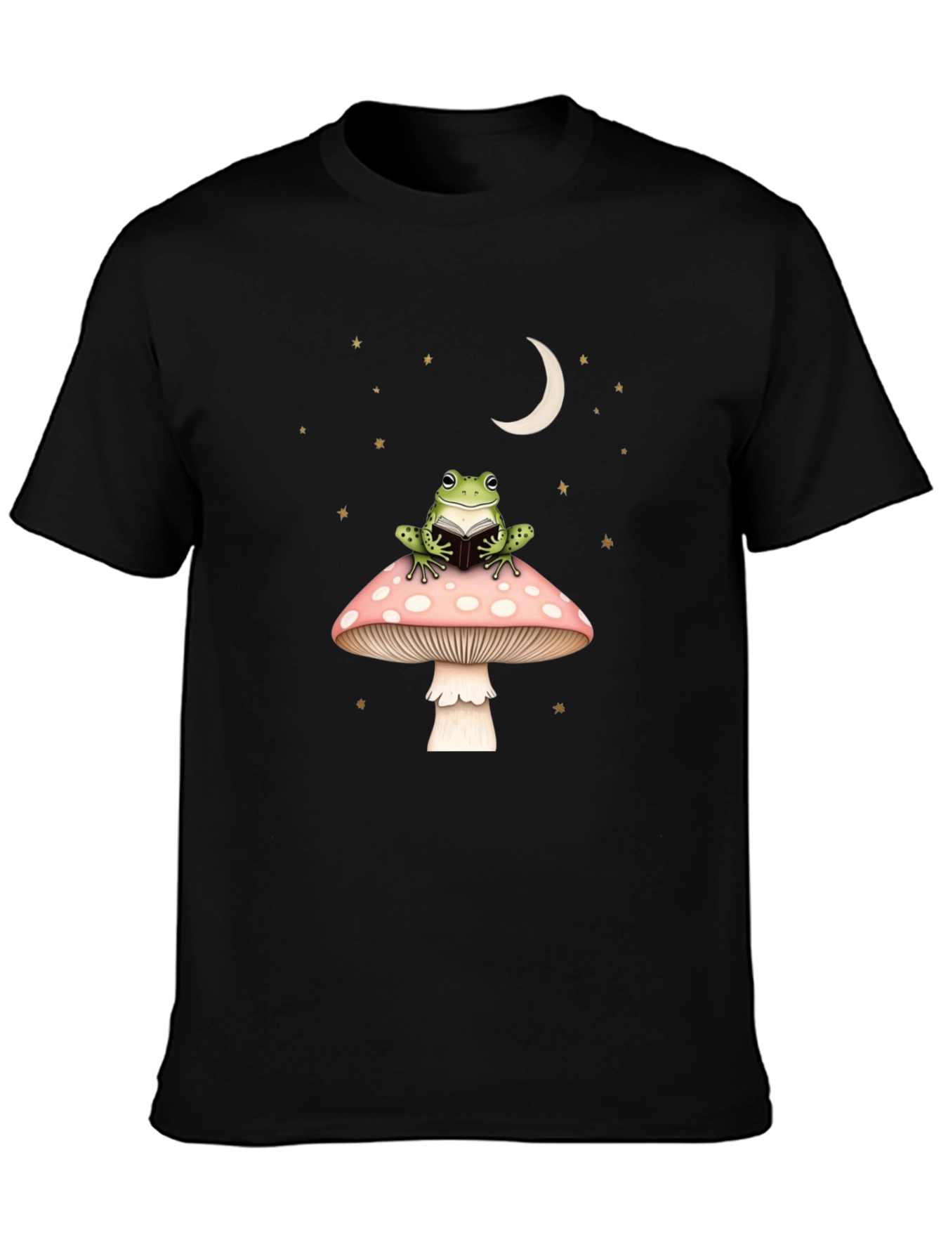 Frog Reading on Mushroom Black Tee