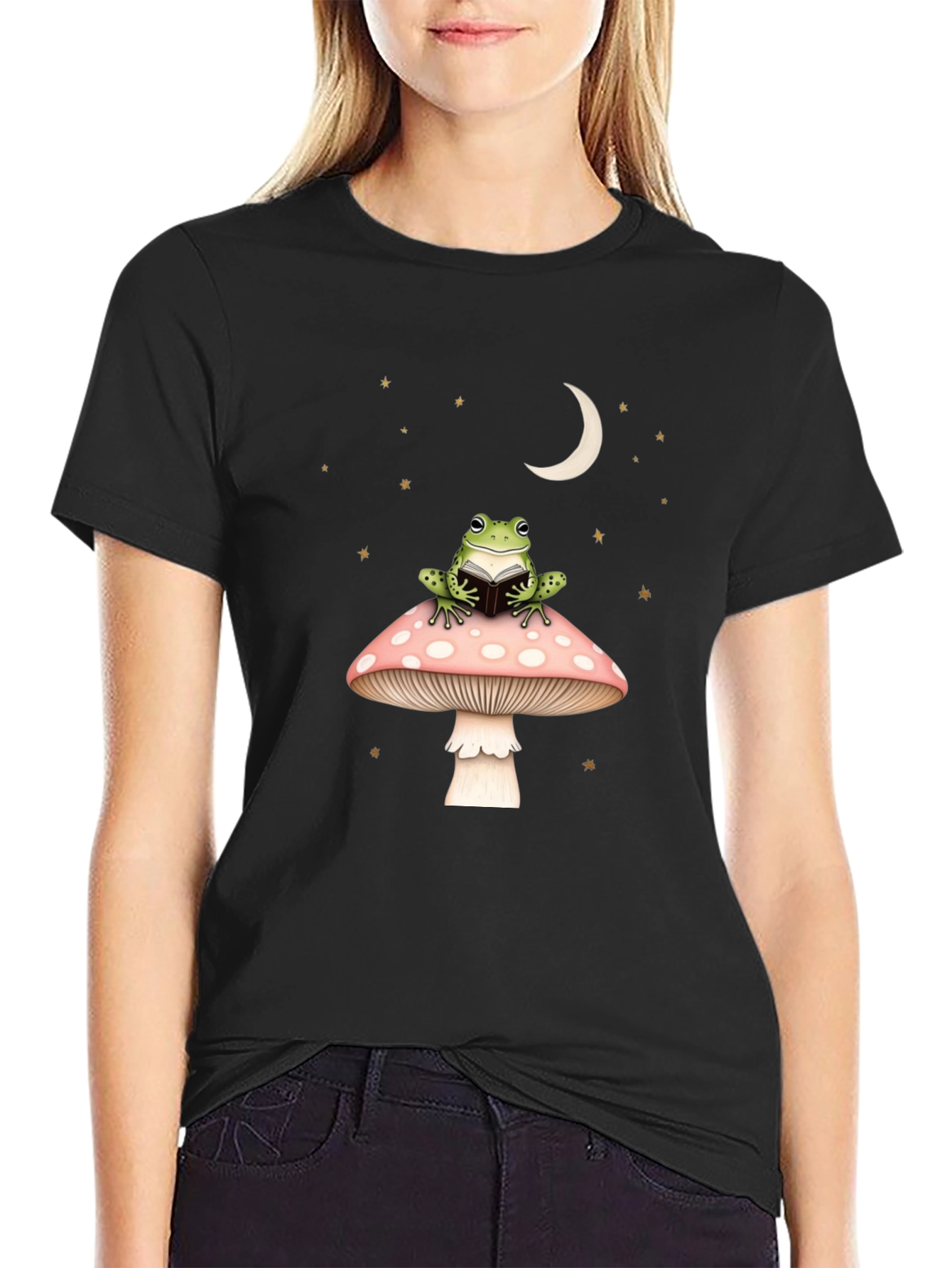 Frog Reading on Mushroom Black Tee