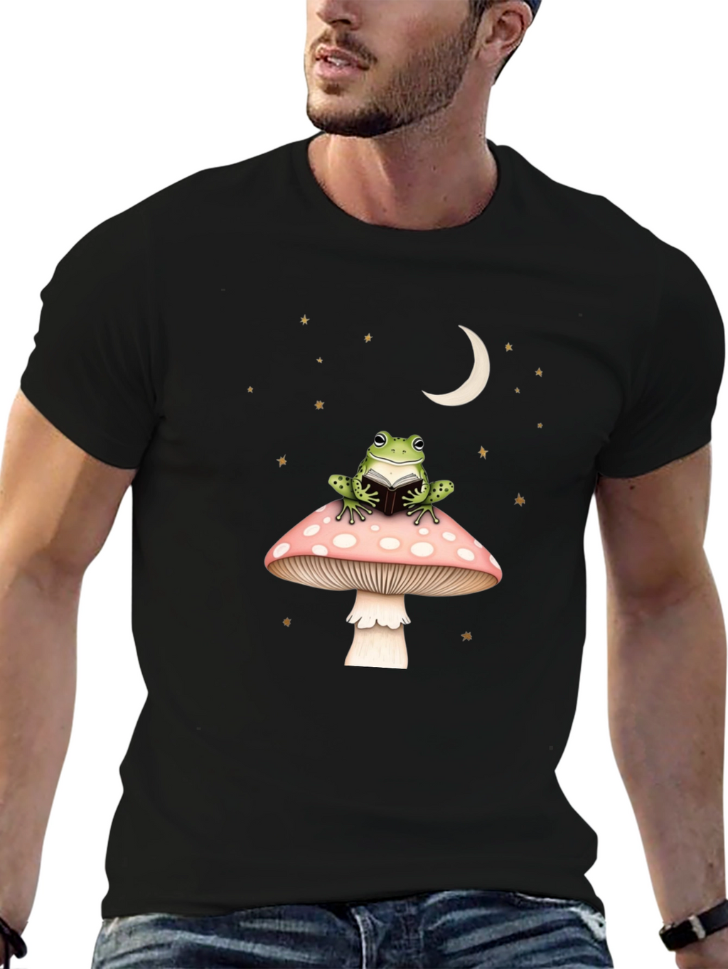 Frog Reading on Mushroom Black Tee