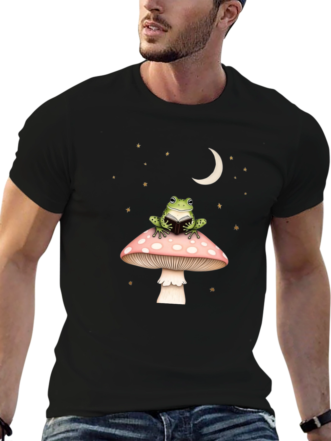 Frog Reading on Mushroom Black Tee