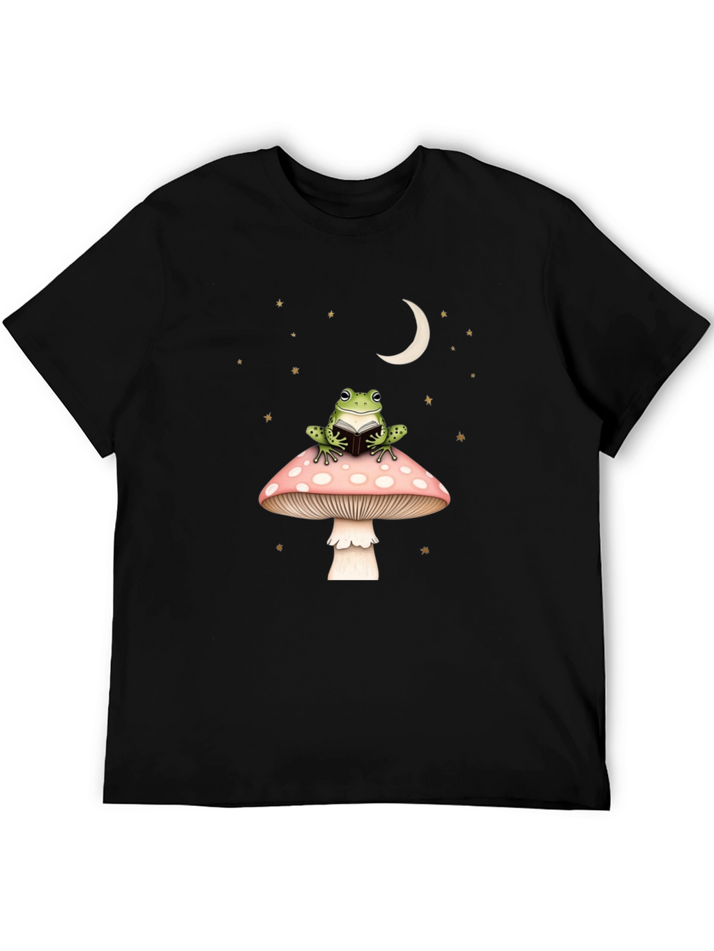 Frog Reading on Mushroom Black Tee