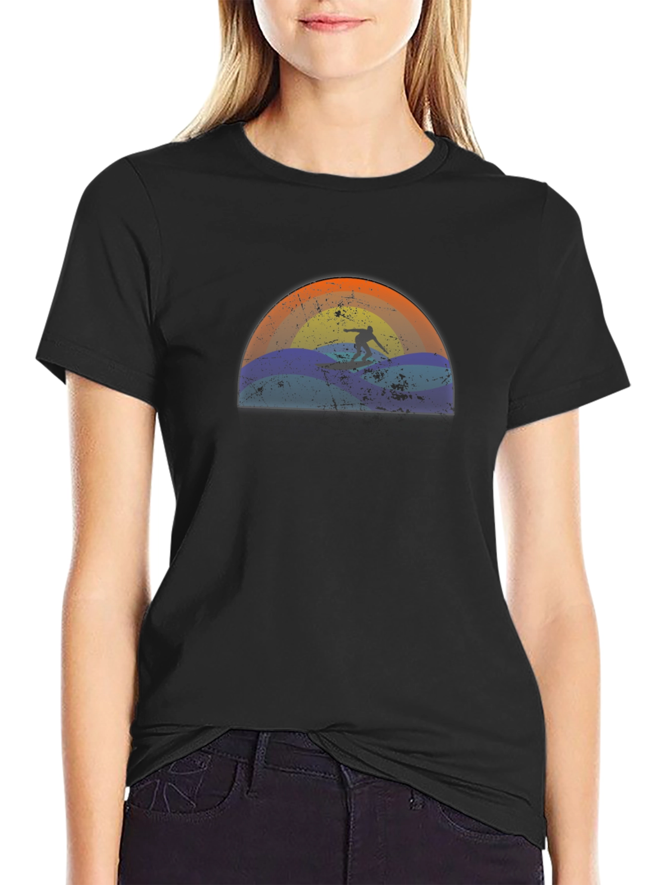 Surfing Sunset Graphic Tee - Black Cotton T-Shirt