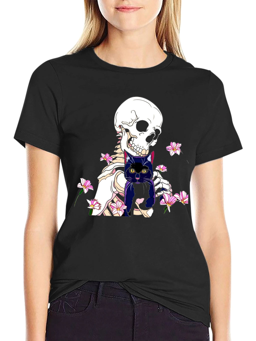 Skeleton Cat Graphic Tee - Black