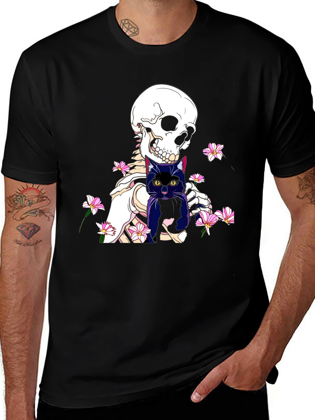Skeleton Cat Graphic Tee - Black