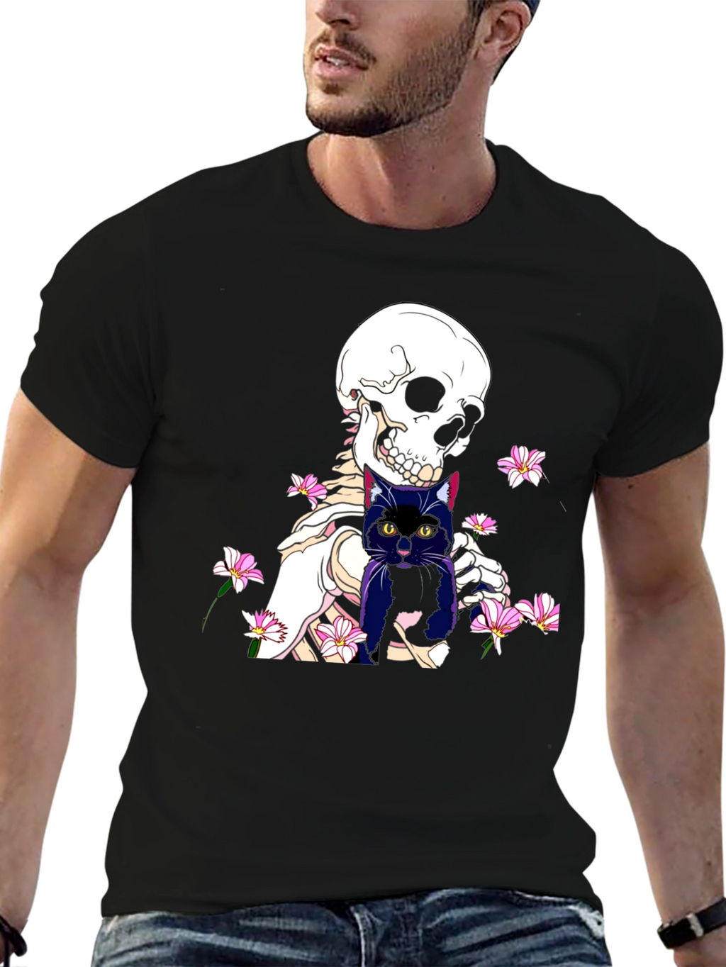 Skeleton Cat Graphic Tee - Black