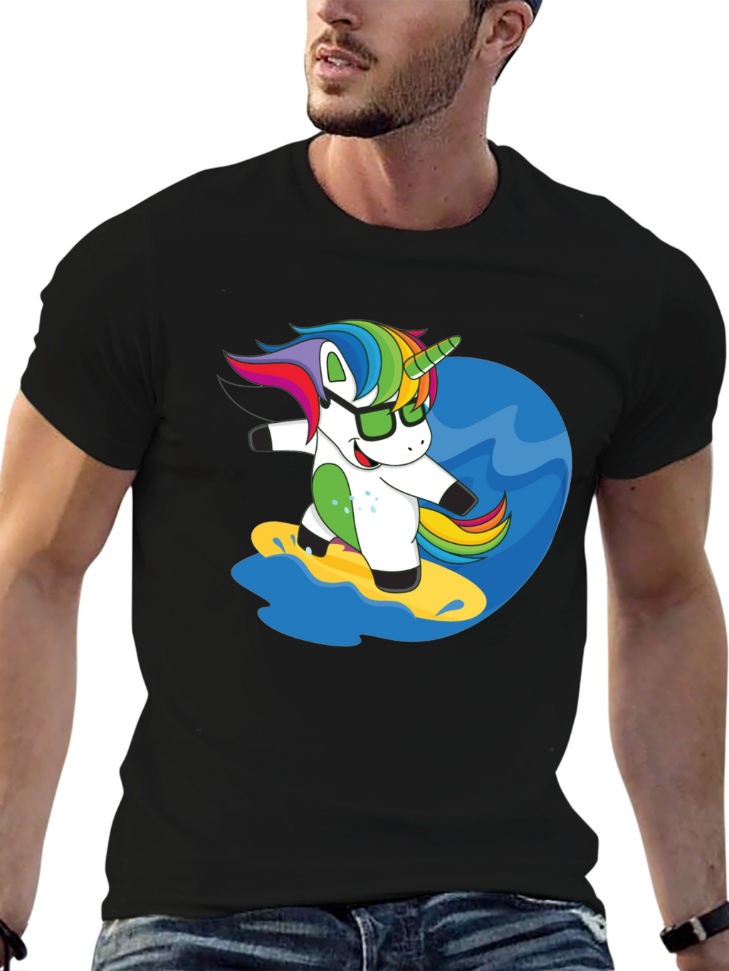 Surfing Unicorn Graphic Tee - Black