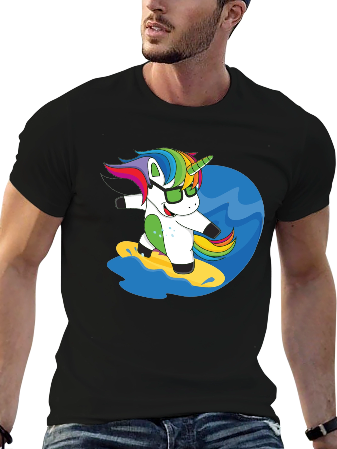 Surfing Unicorn Graphic Tee - Black