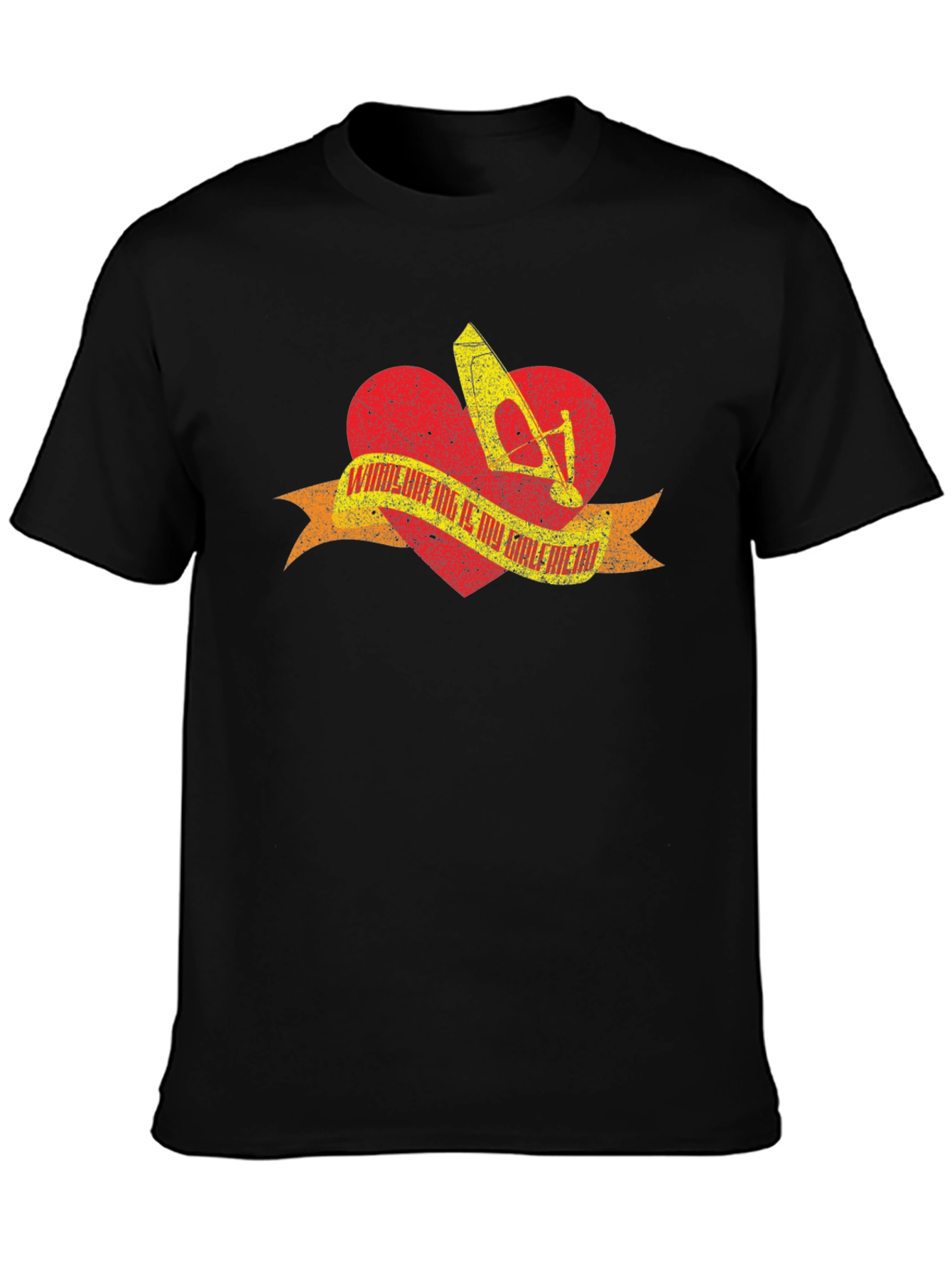Windsurfing Heart T-Shirt - Black Distressed Design
