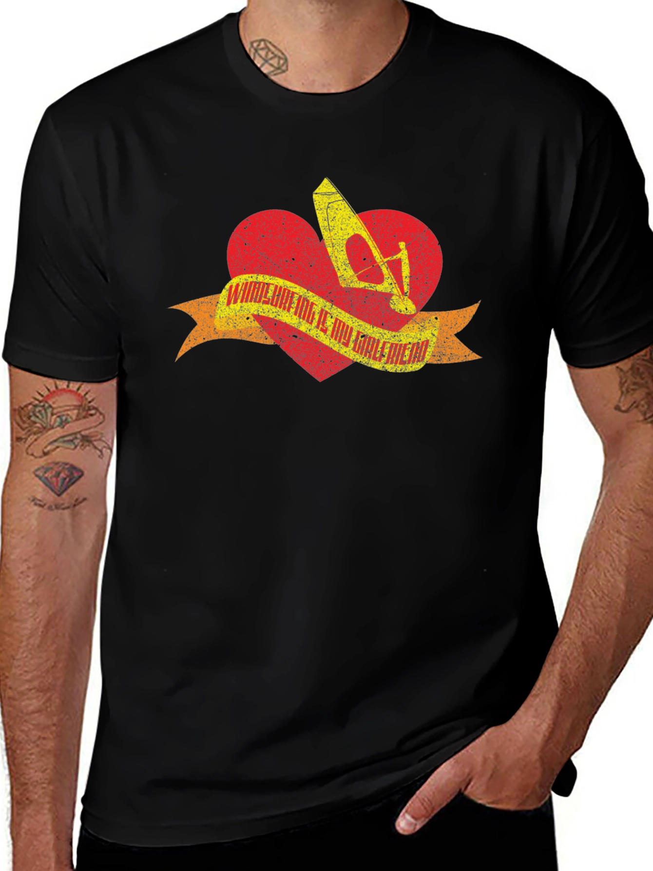 Windsurfing Heart T-Shirt - Black Distressed Design