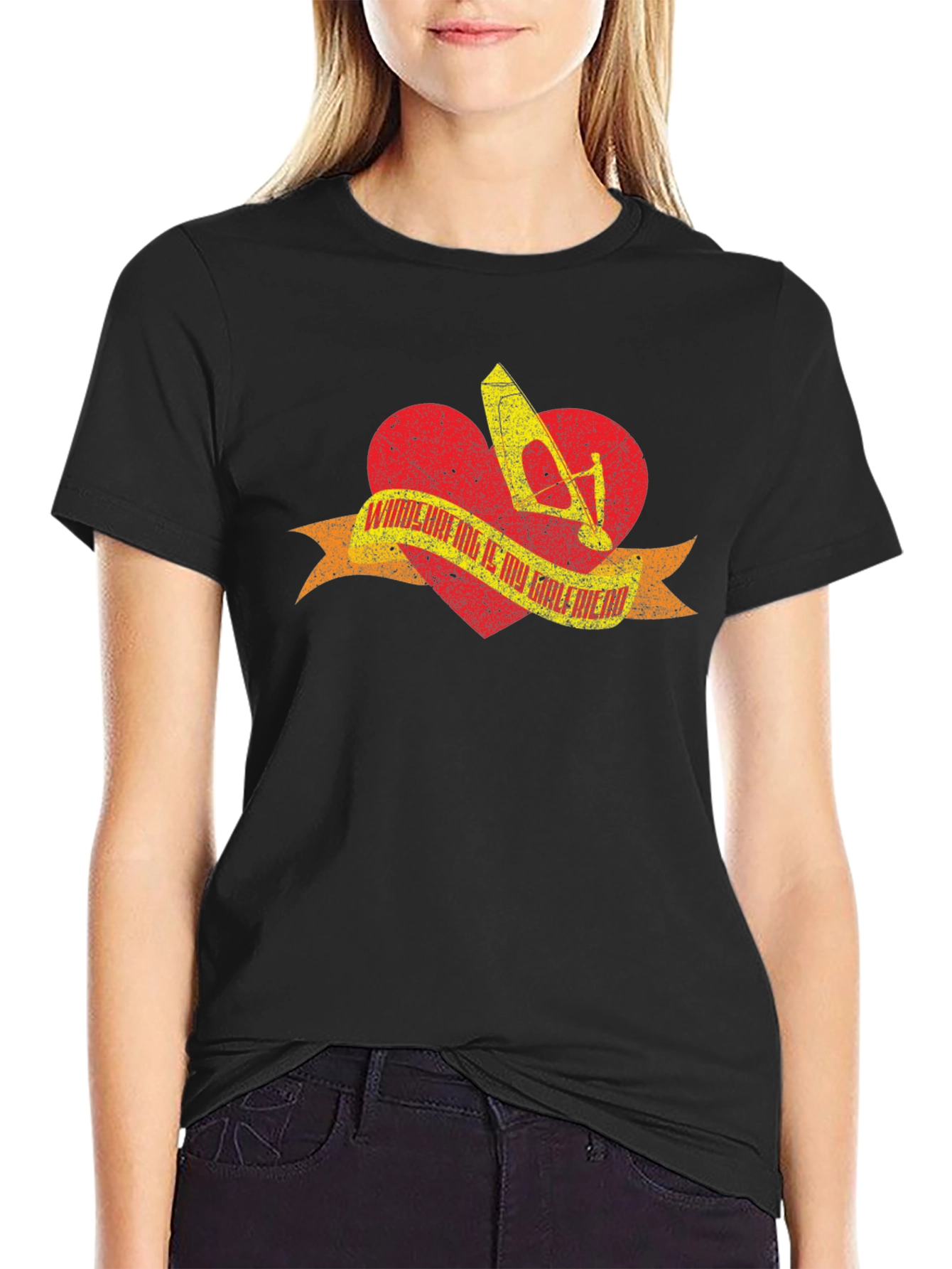 Windsurfing Heart T-Shirt - Black Distressed Design