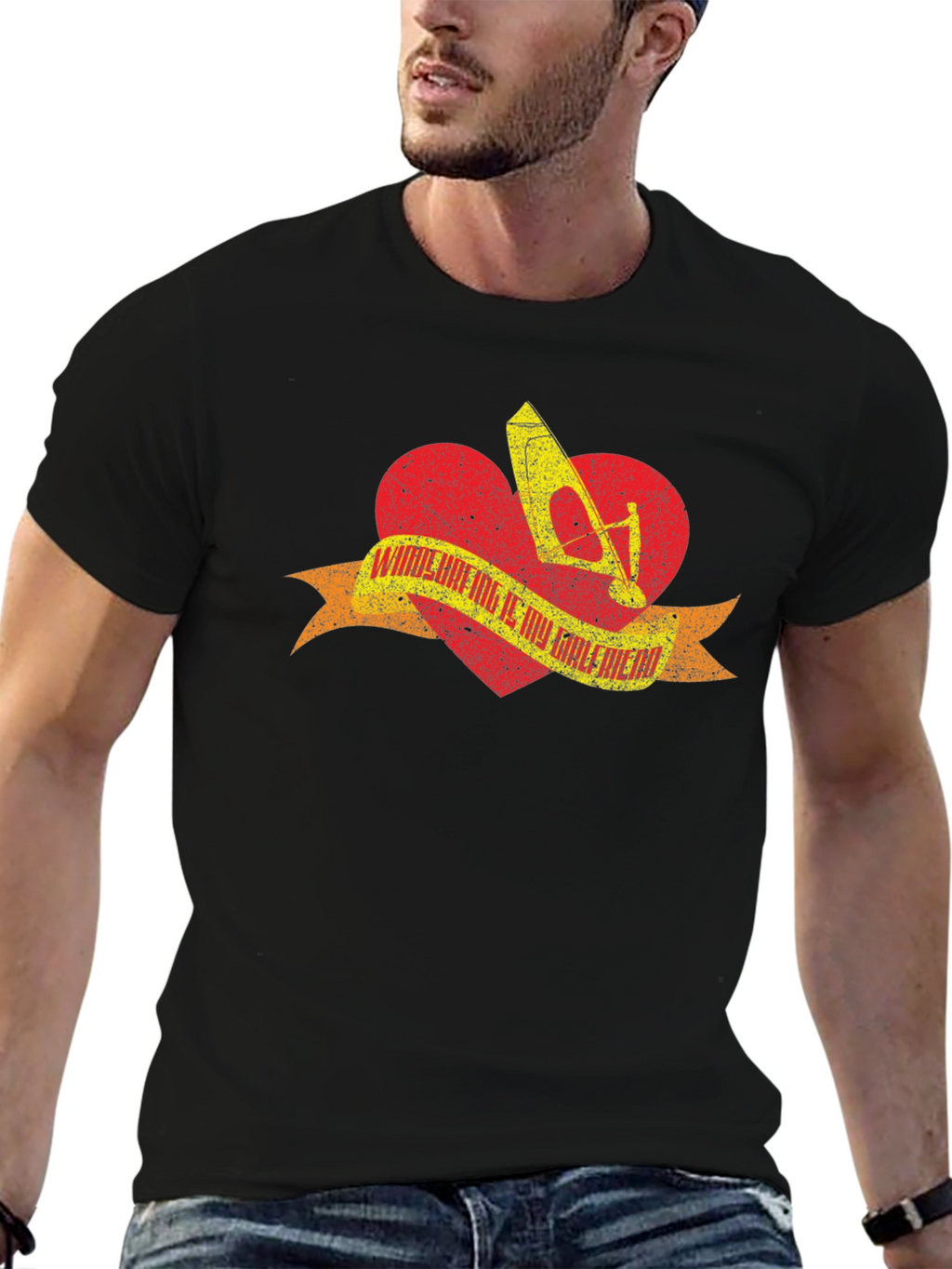 Windsurfing Heart T-Shirt - Black Distressed Design