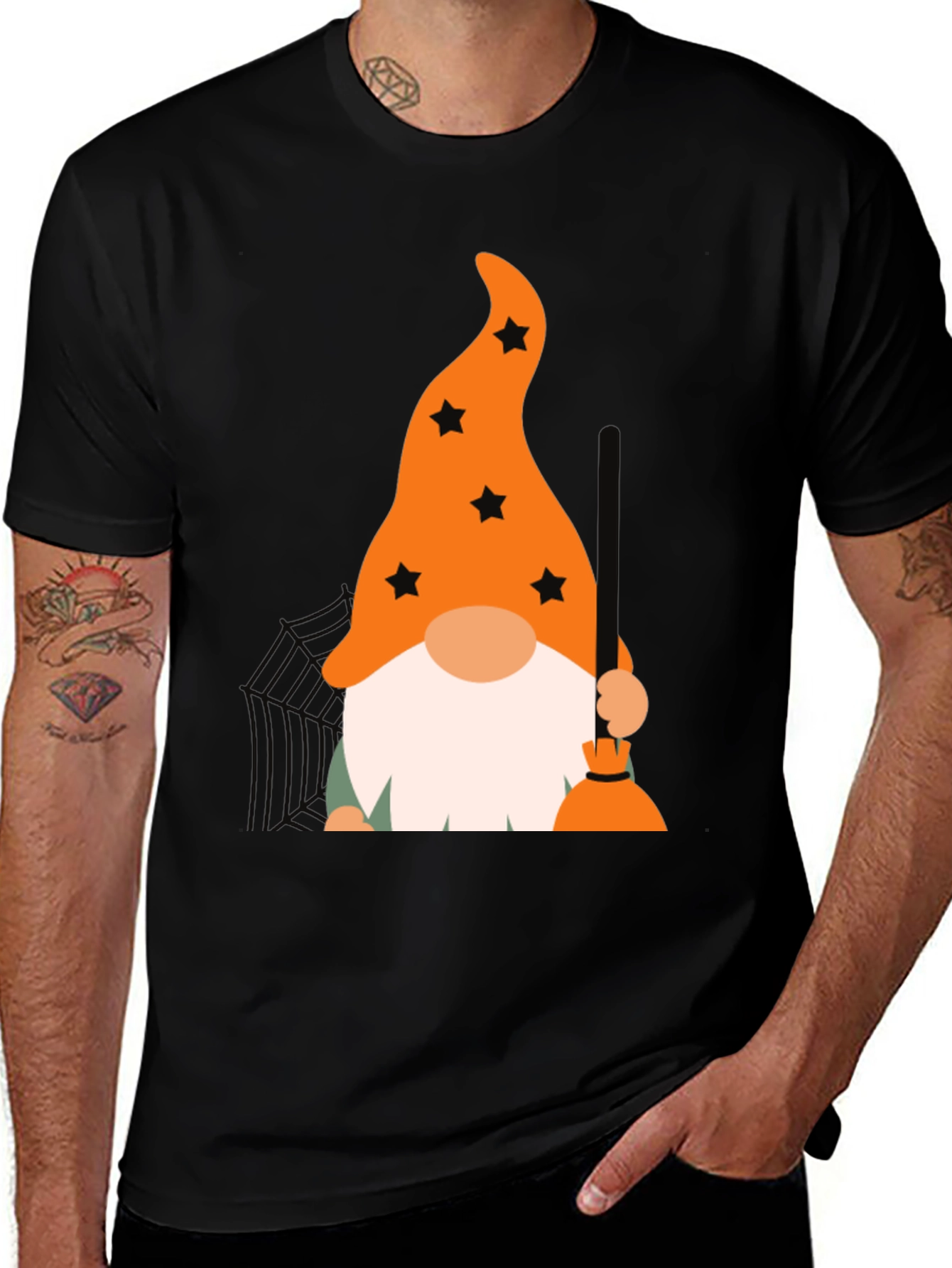 Halloween Gnome T-Shirt - Witch Broom & Star Hat Design