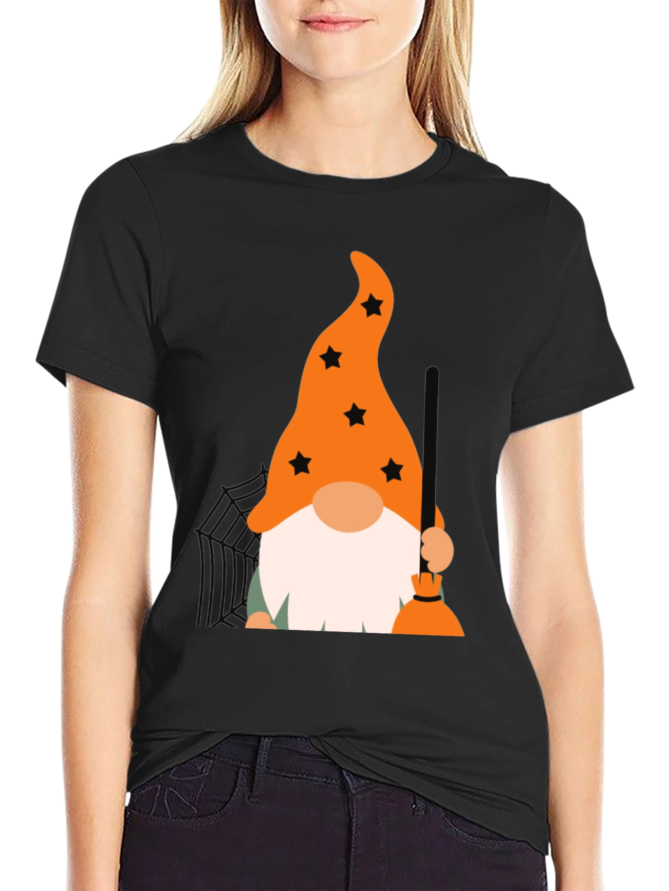 Halloween Gnome T-Shirt - Witch Broom & Star Hat Design