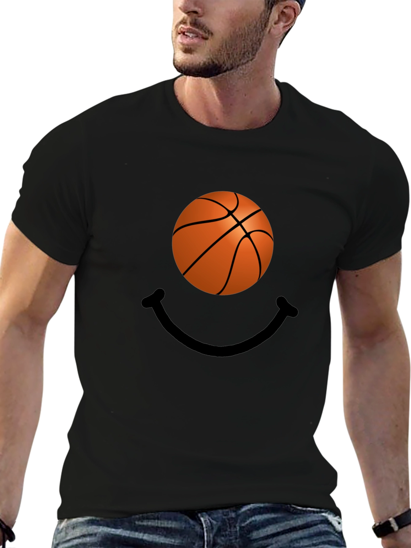 Basketball Smile Graphic Tee - Black Cotton T-Shirt