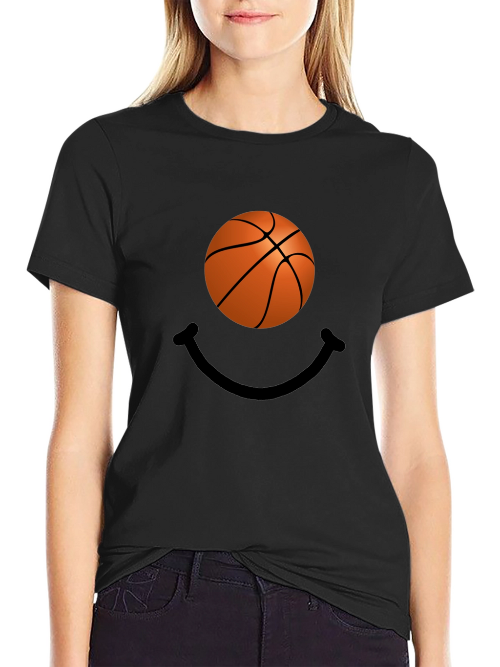 Basketball Smile Graphic Tee - Black Cotton T-Shirt