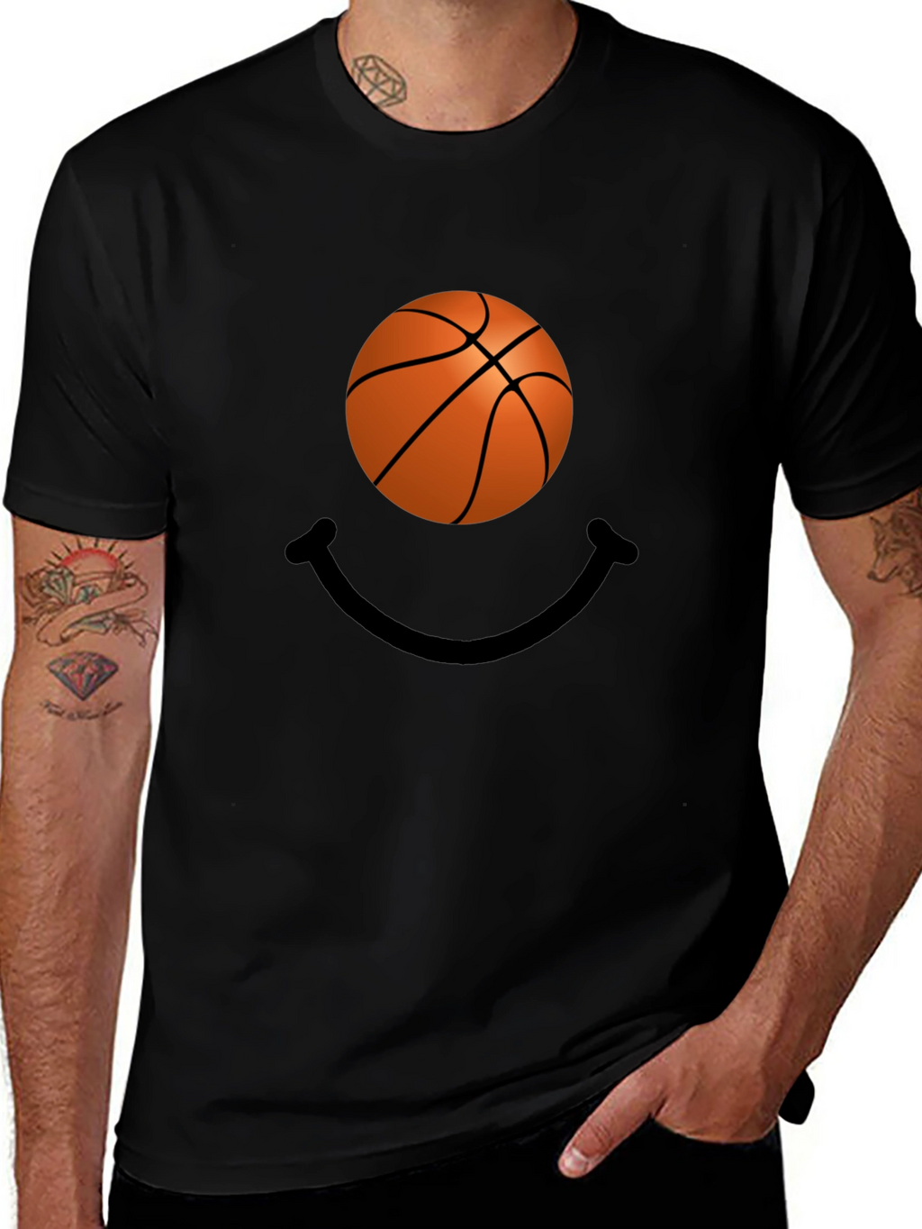 Basketball Smile Graphic Tee - Black Cotton T-Shirt