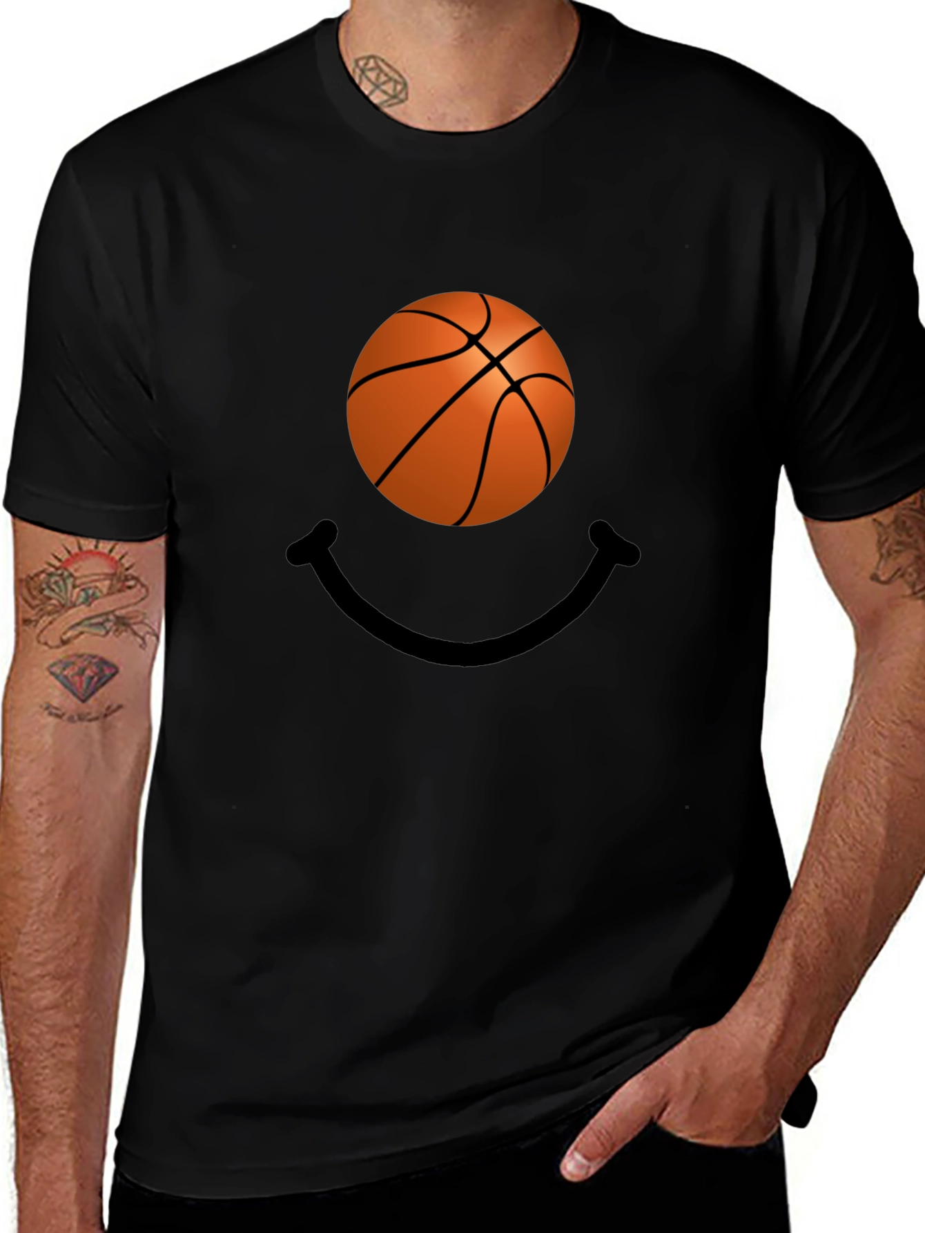 Basketball Smile Graphic Tee - Black Cotton T-Shirt