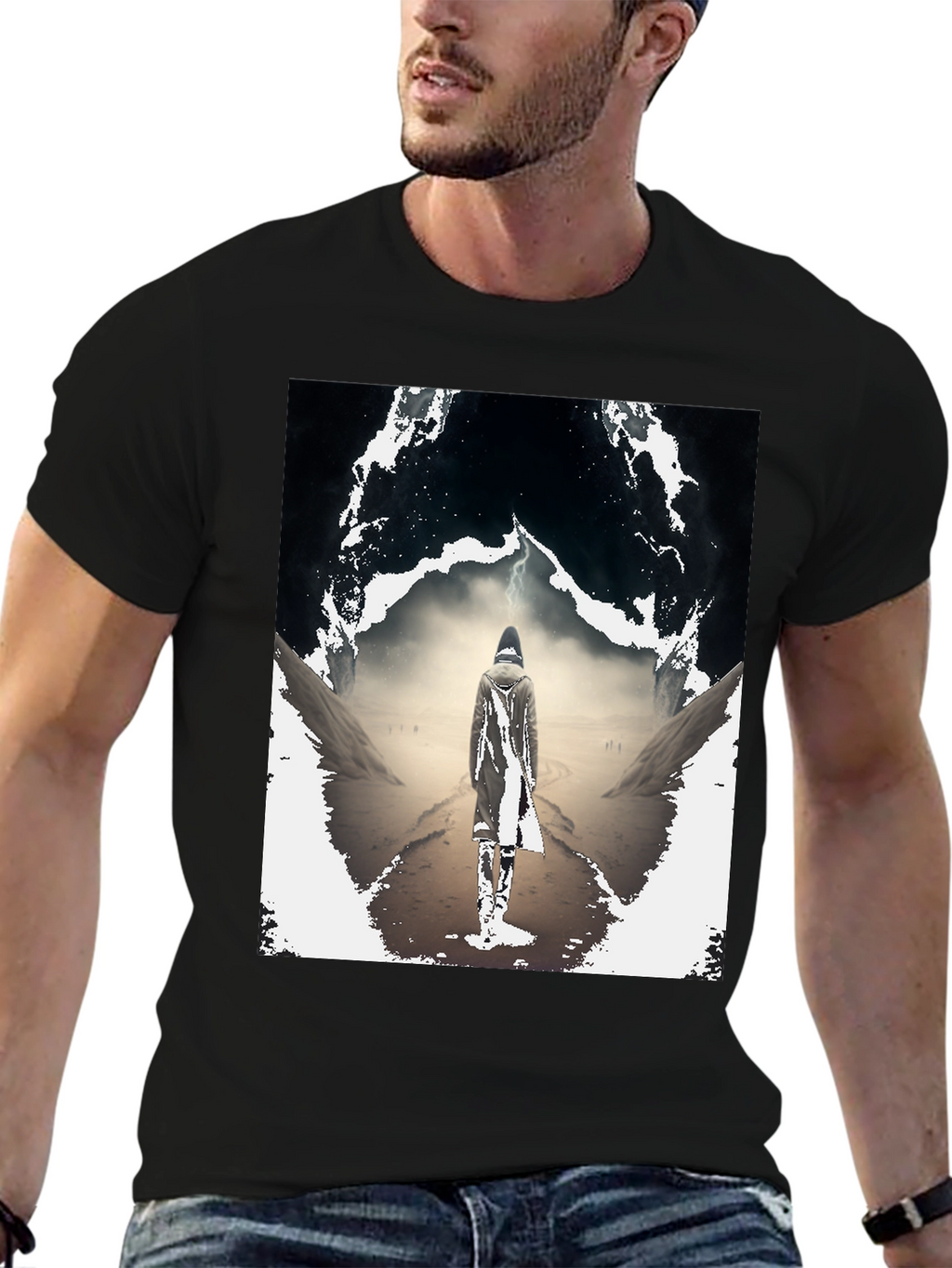 Mystical Wanderer Graphic Tee - Black Cotton Blend
