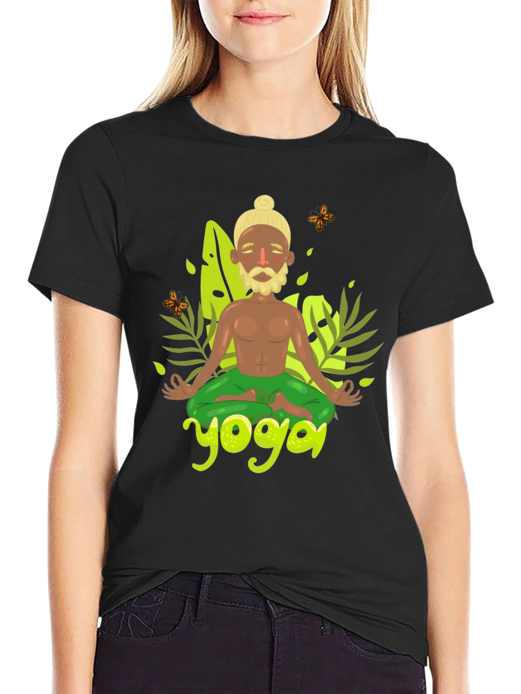 Yoga Cartoon Print Black Tee