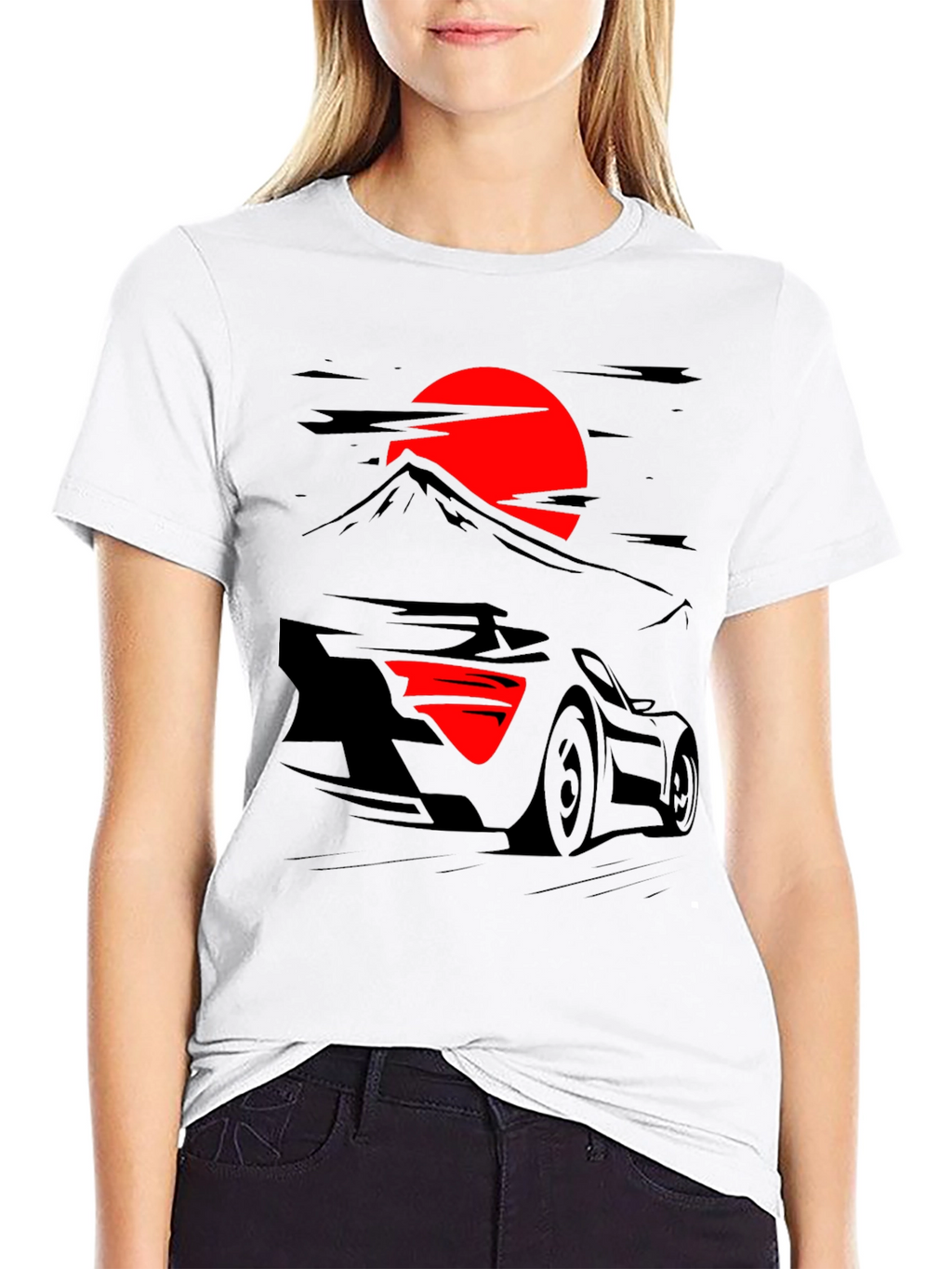 Car & Rising Sun Graphic Black T-Shirt