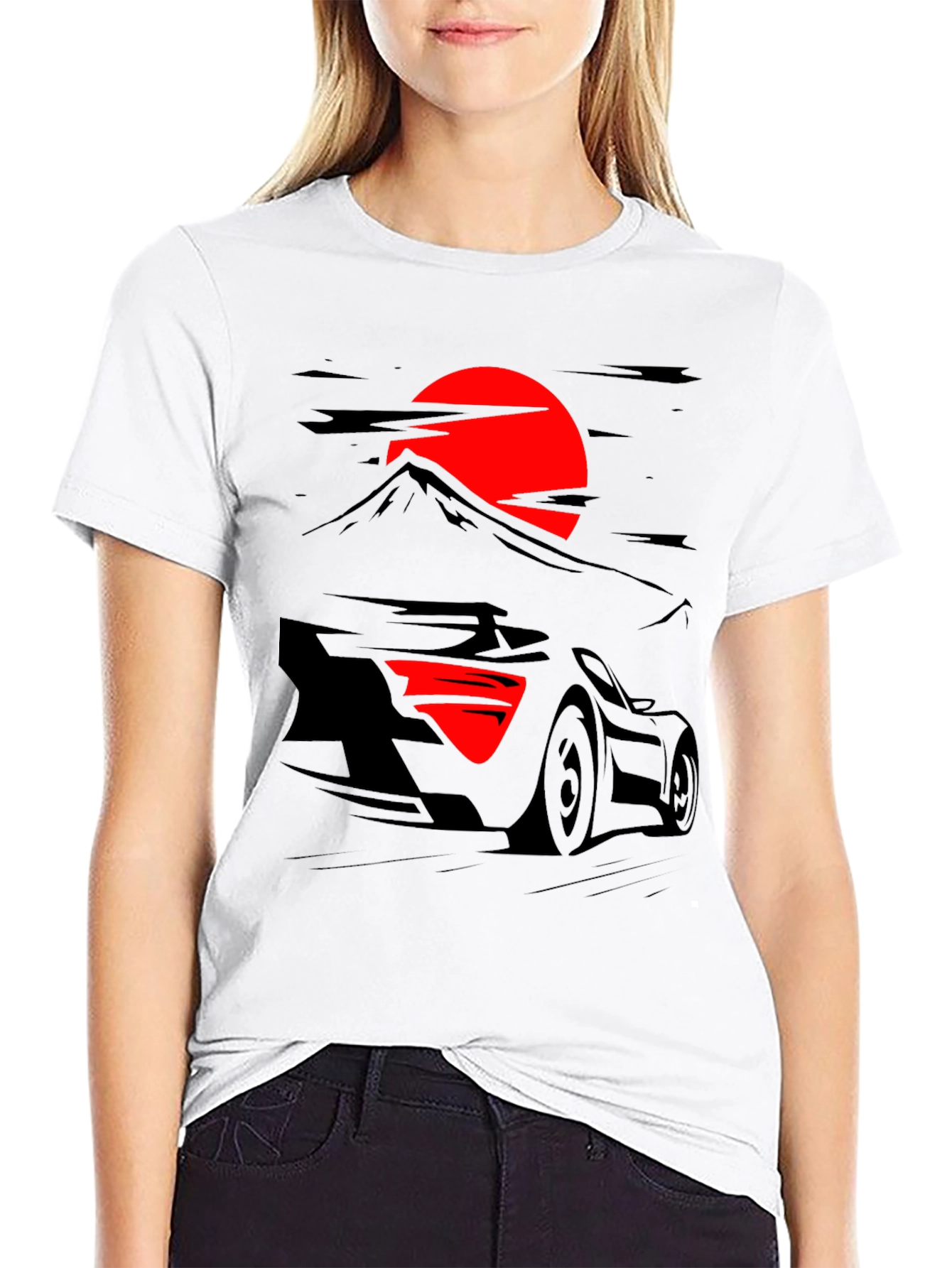 Car & Rising Sun Graphic Black T-Shirt