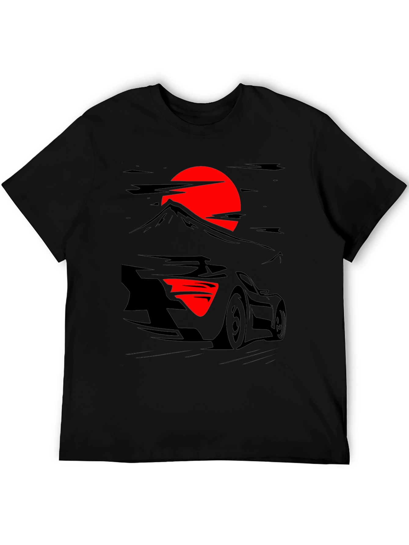 Car & Rising Sun Graphic Black T-Shirt