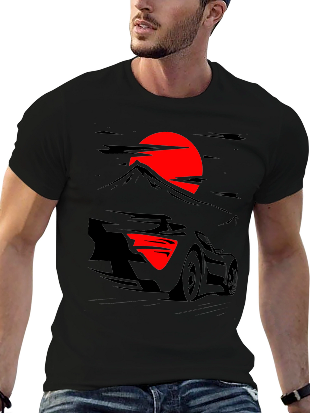 Car & Rising Sun Graphic Black T-Shirt